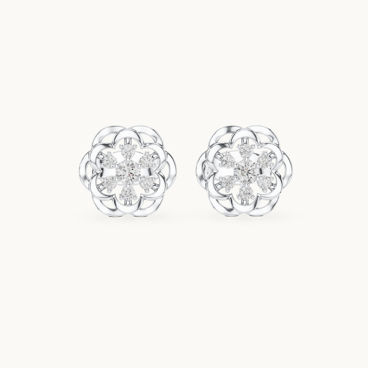 Round lab-grown diamond openwork flower stud earrings in white gold, 0.17 CT TW, view 4