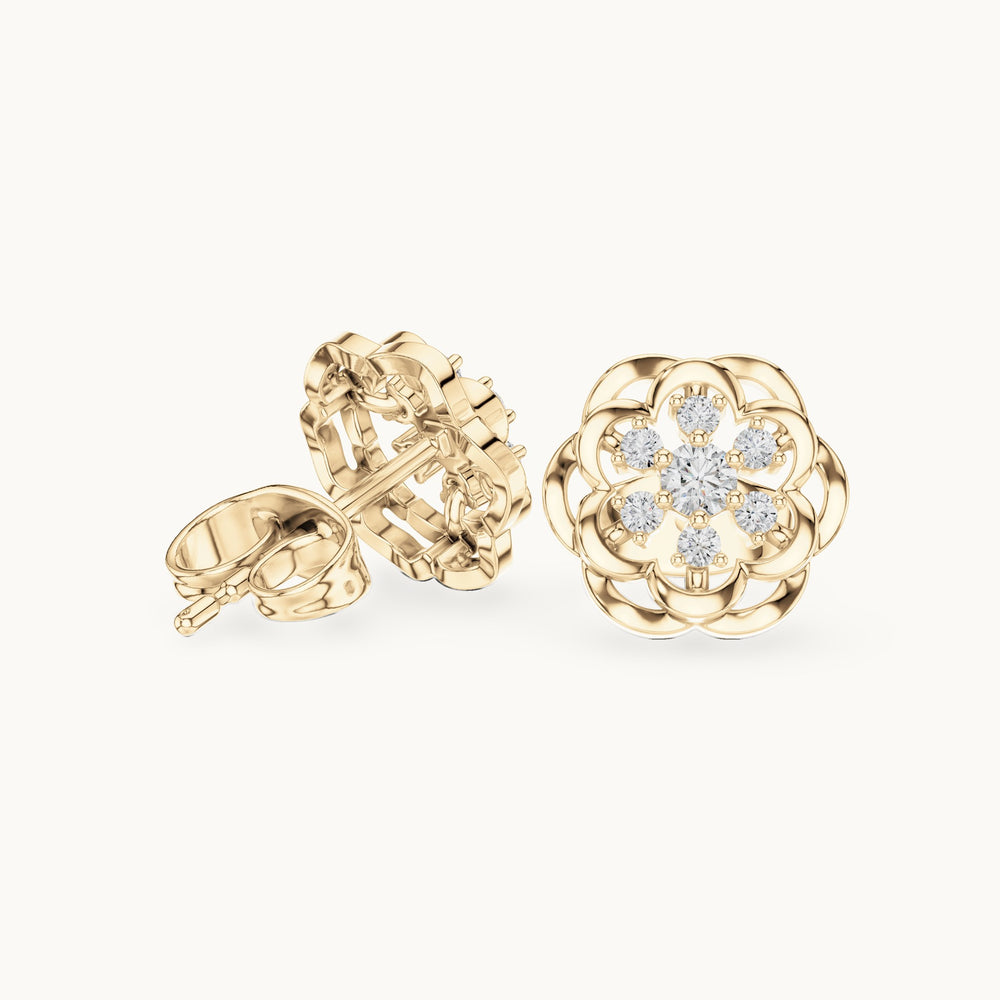 Round lab-grown diamond openwork flower stud earrings in yellow gold, 0.17 CT TW, view 1