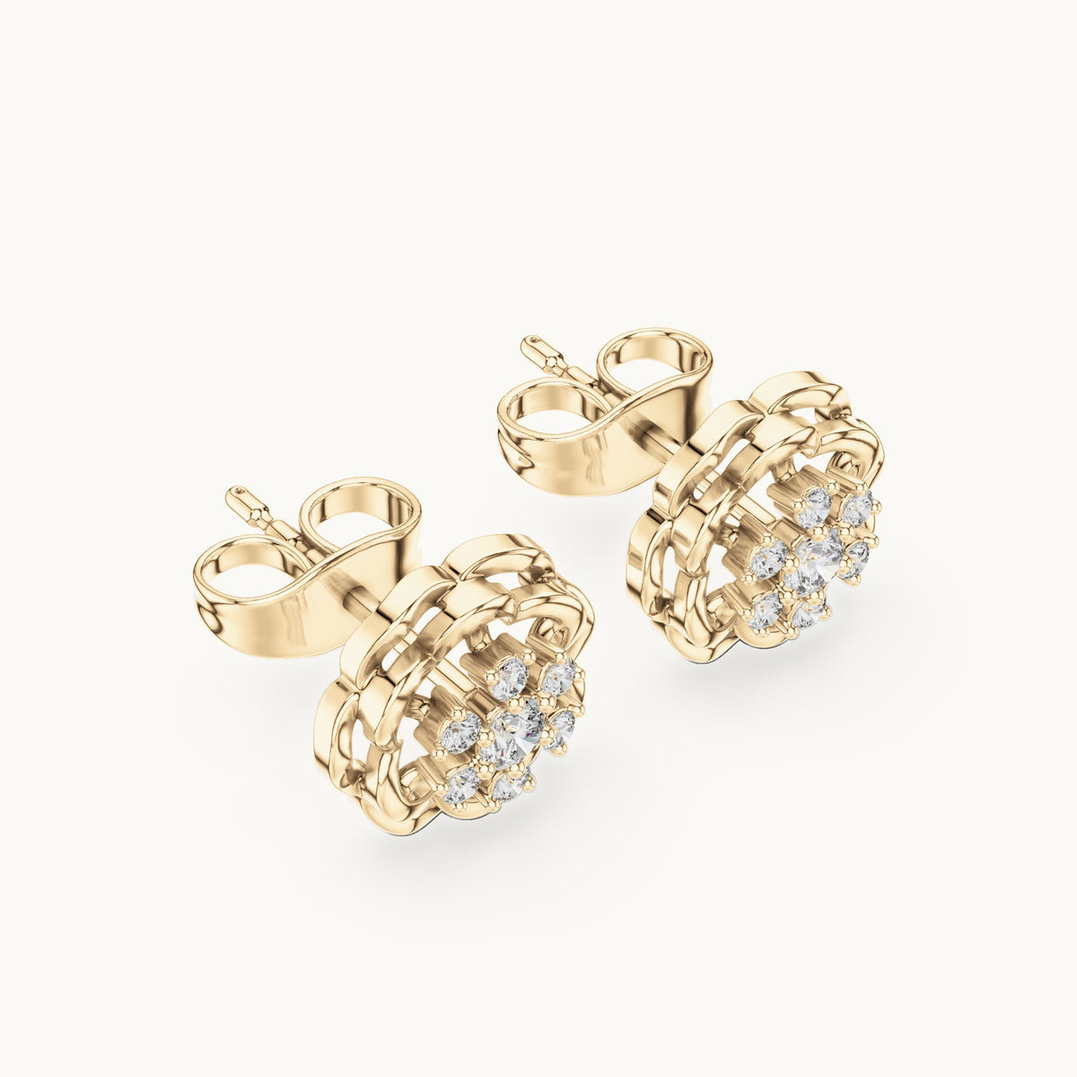 Round lab-grown diamond openwork flower stud earrings in yellow gold, 0.17 CT TW, view 2