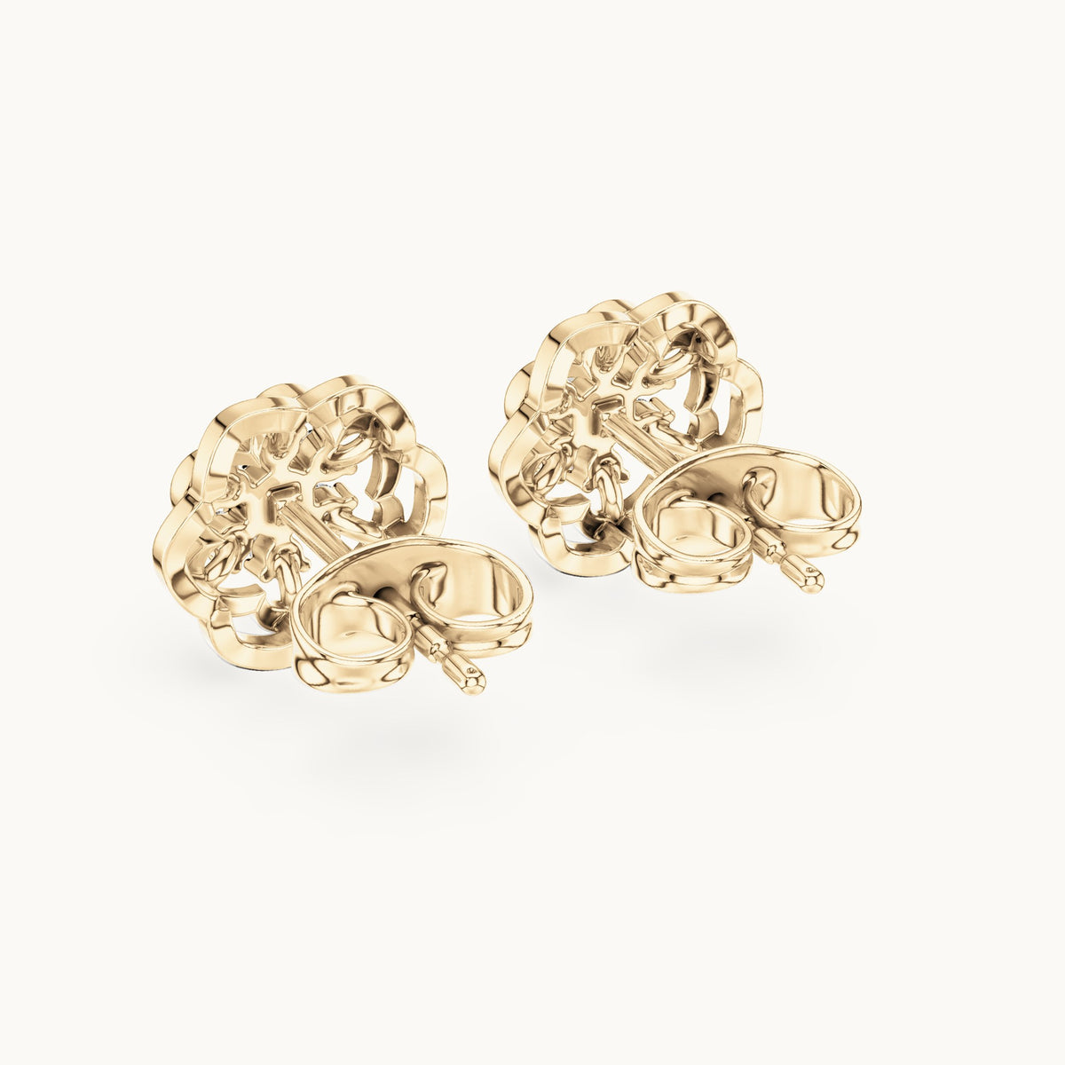 Round lab-grown diamond openwork flower stud earrings in yellow gold, 0.17 CT TW, view 3
