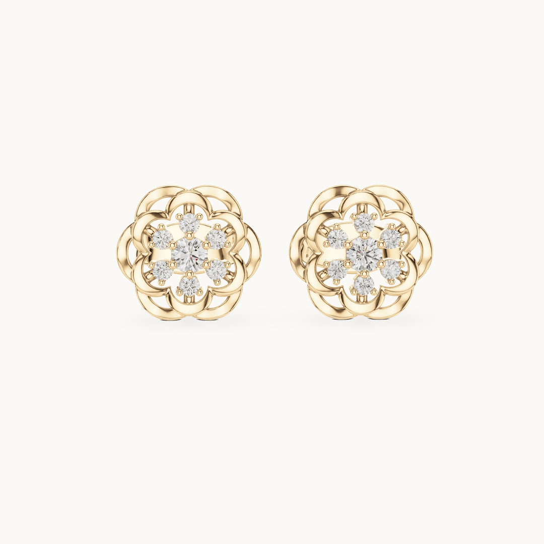 Round lab-grown diamond openwork flower stud earrings in yellow gold, 0.17 CT TW, view 4