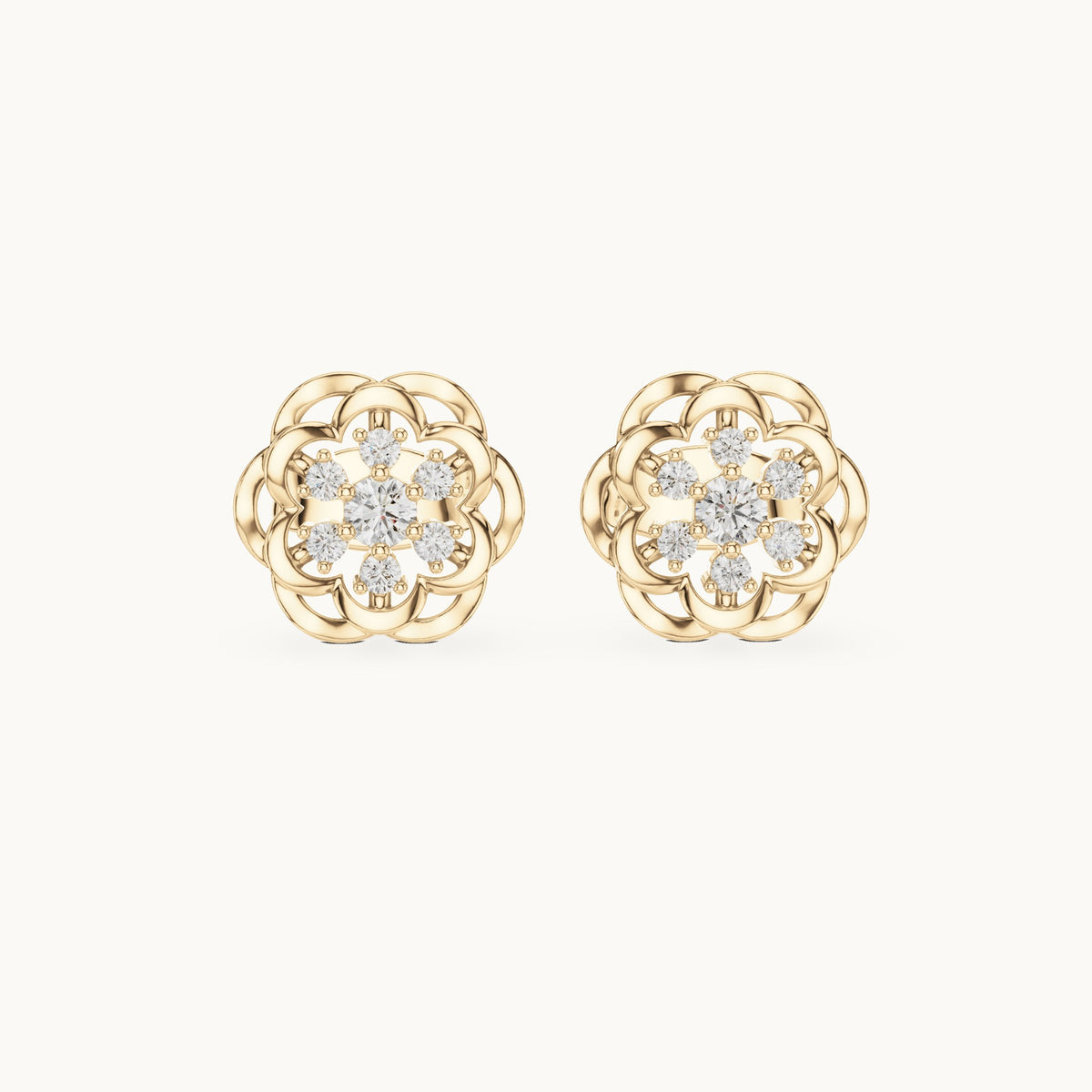 Round lab-grown diamond openwork flower stud earrings in yellow gold, 0.17 CT TW, view 4