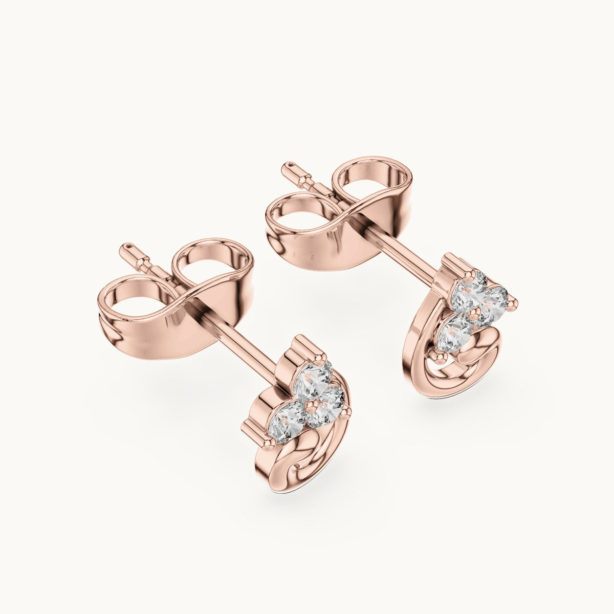 Round lab-grown diamond trio cluster swirl stud earrings in rose gold, 0.15 CT TW, view 2