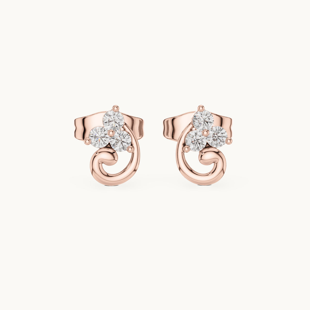 Round lab-grown diamond trio cluster swirl stud earrings in rose gold, 0.15 CT TW, view 4