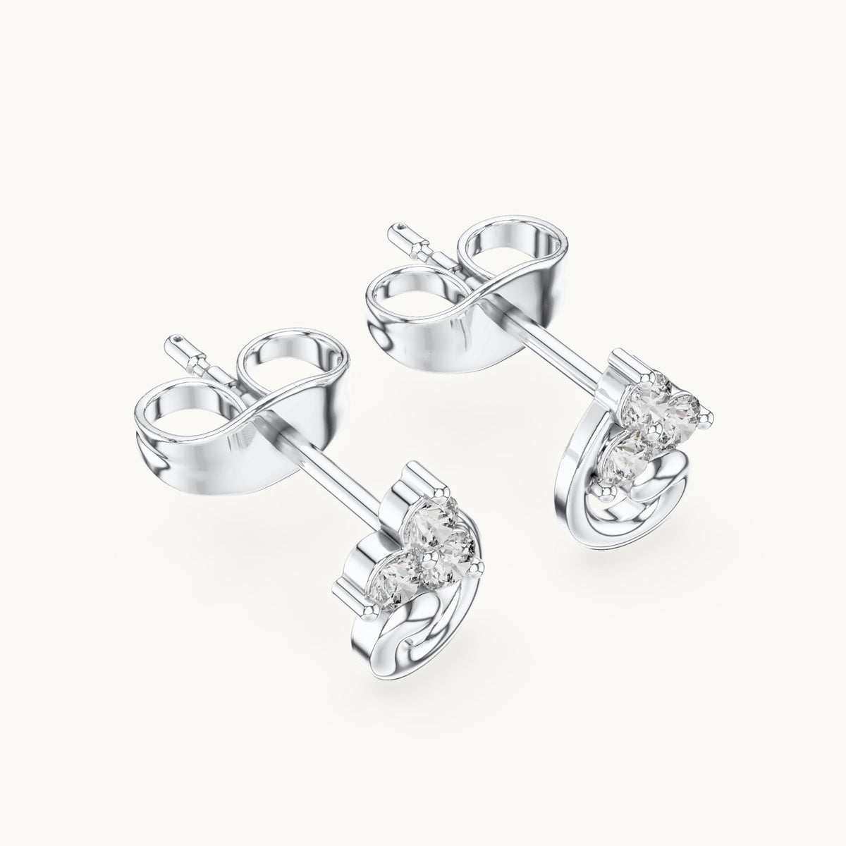 Round lab-grown diamond trio cluster swirl stud earrings in white gold, 0.15 CT TW, view 2