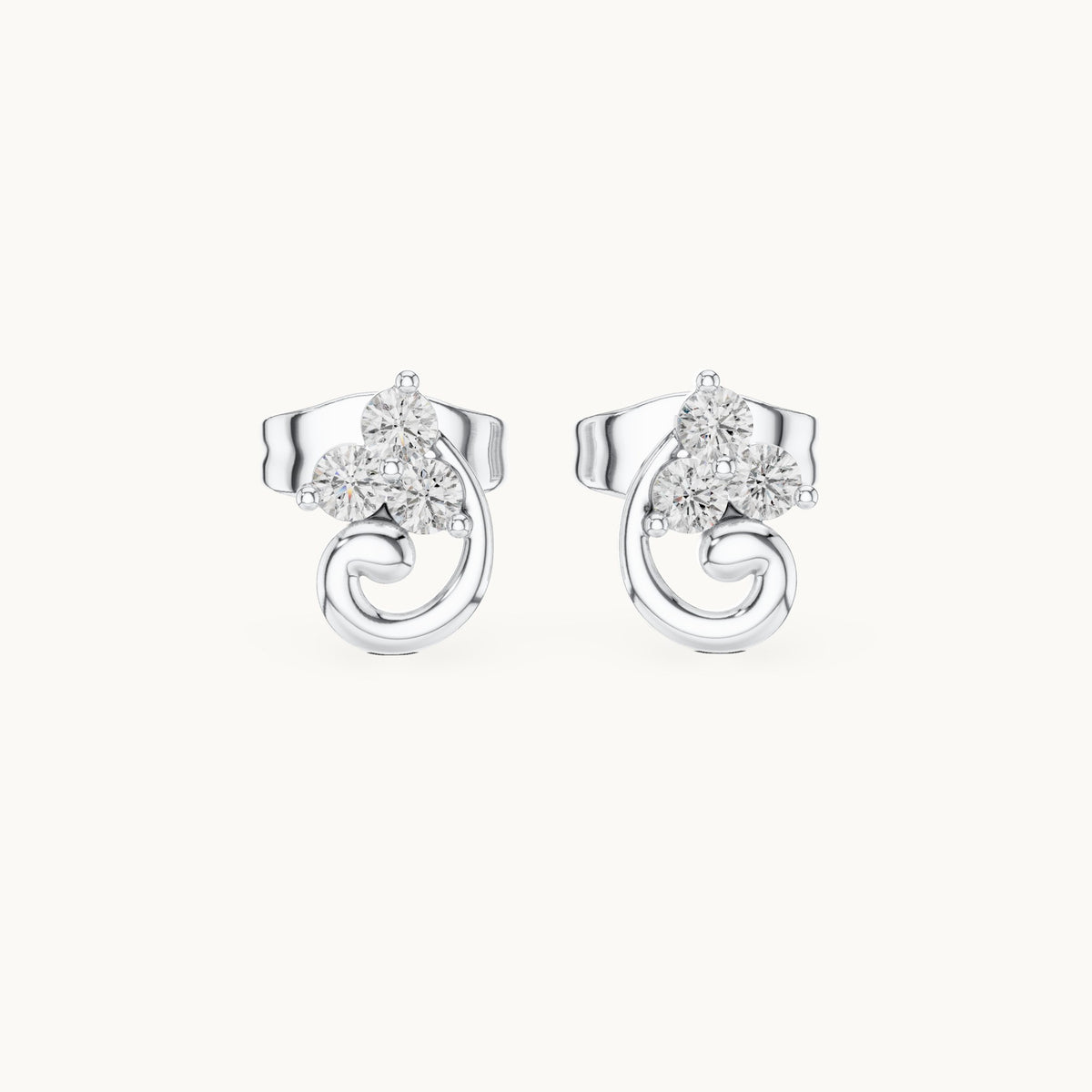 Round lab-grown diamond trio cluster swirl stud earrings in white gold, 0.15 CT TW, view 4
