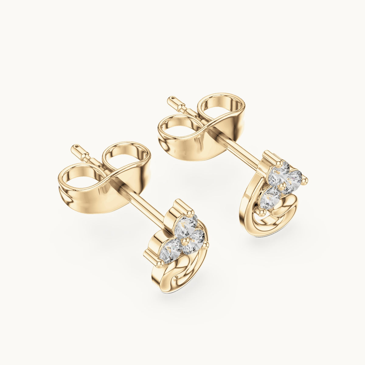 Round lab-grown diamond trio cluster swirl stud earrings in yellow gold, 0.15 CT TW, view 2
