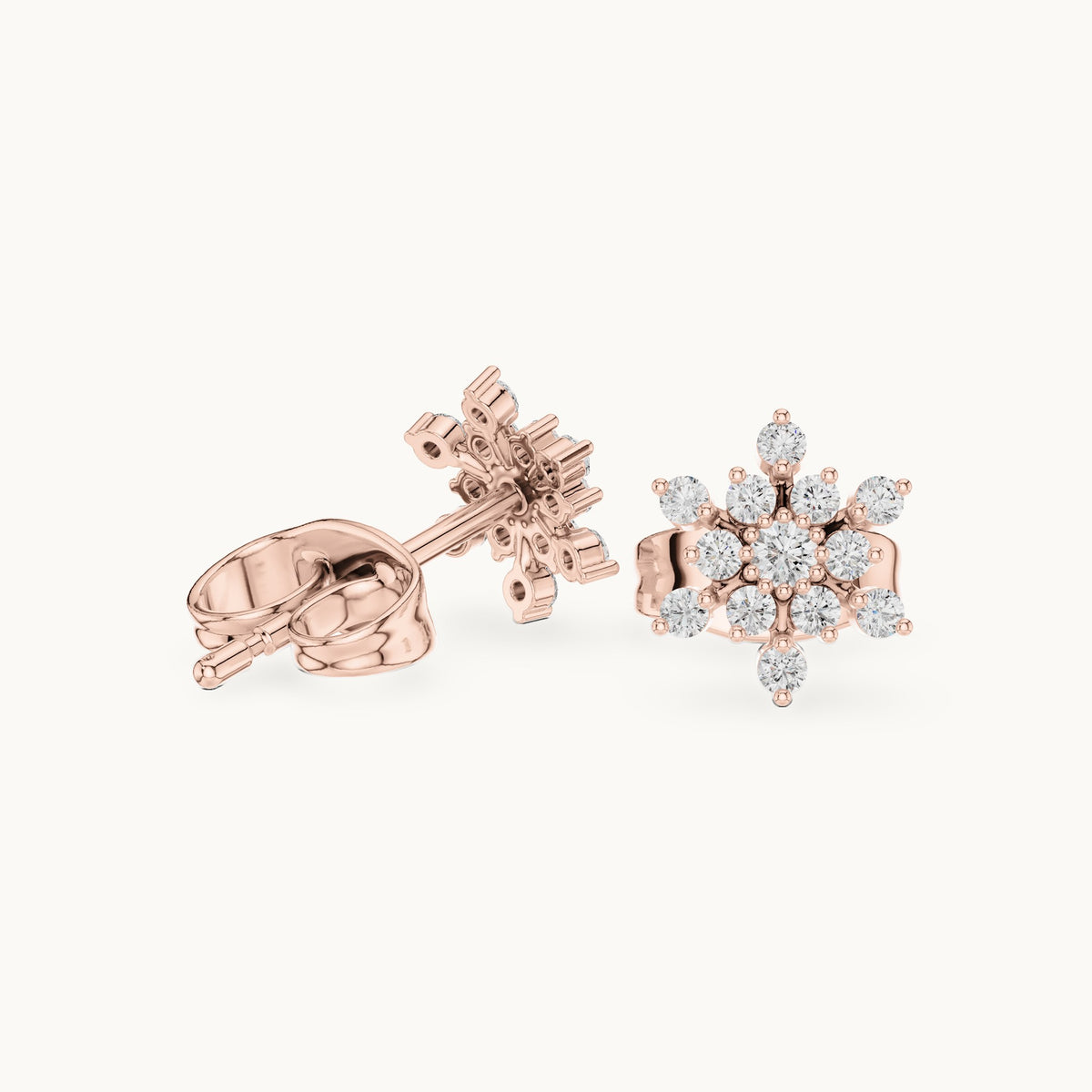 Round lab-grown diamond snowflake stud earrings in rose gold, 0.17 CT TW, view 1