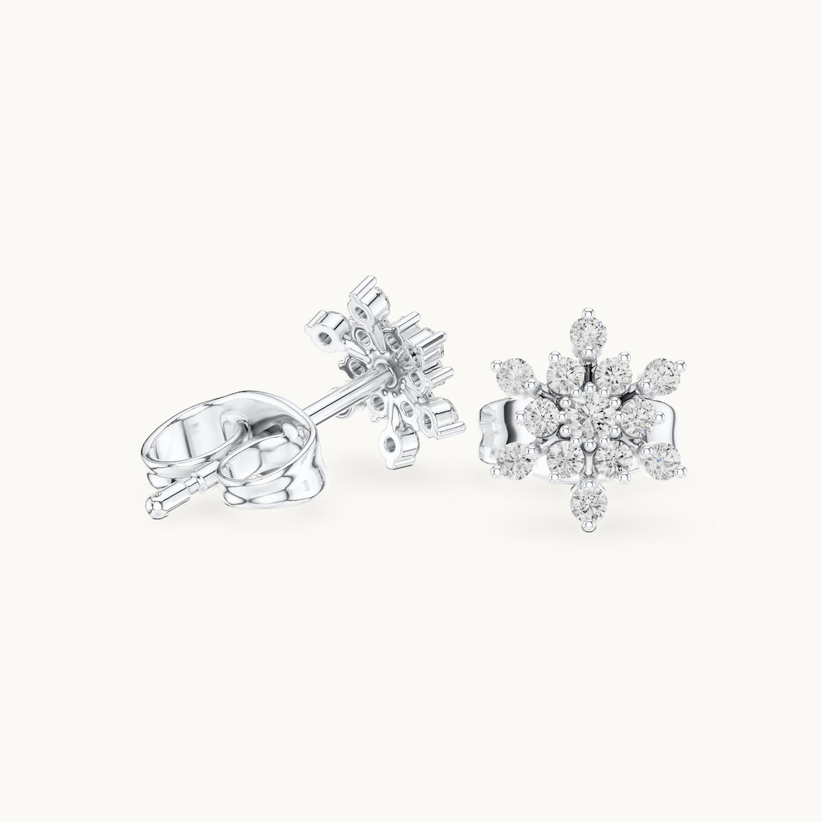 Round lab-grown diamond snowflake stud earrings in white gold, 0.17 CT TW, view 1