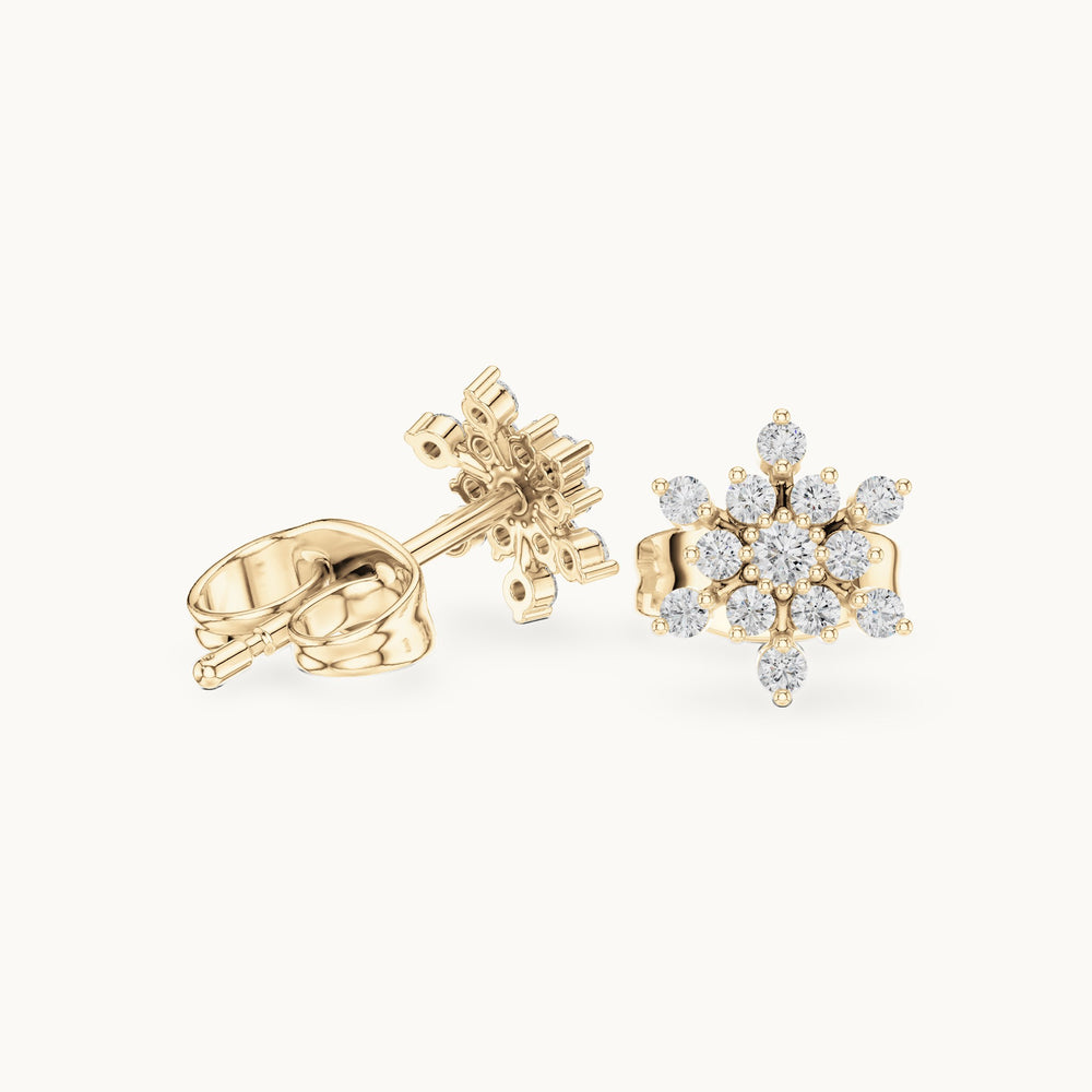 Round lab-grown diamond snowflake stud earrings in yellow gold, 0.17 CT TW, view 1