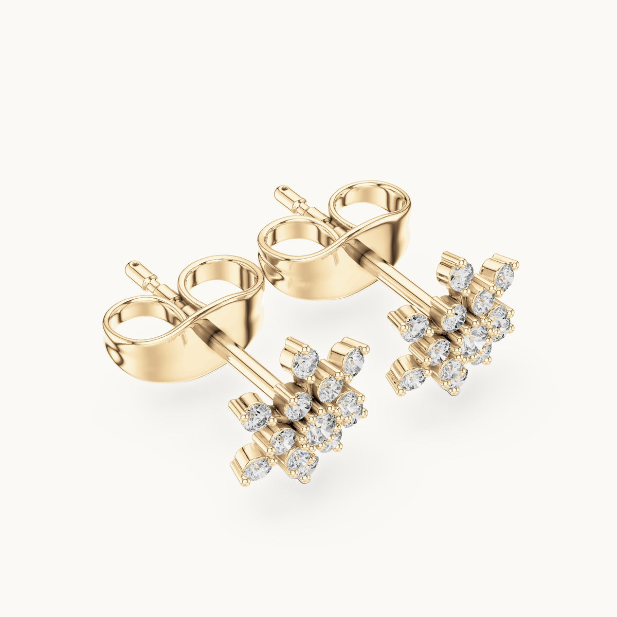 Round lab-grown diamond snowflake stud earrings in yellow gold, 0.17 CT TW, view 2