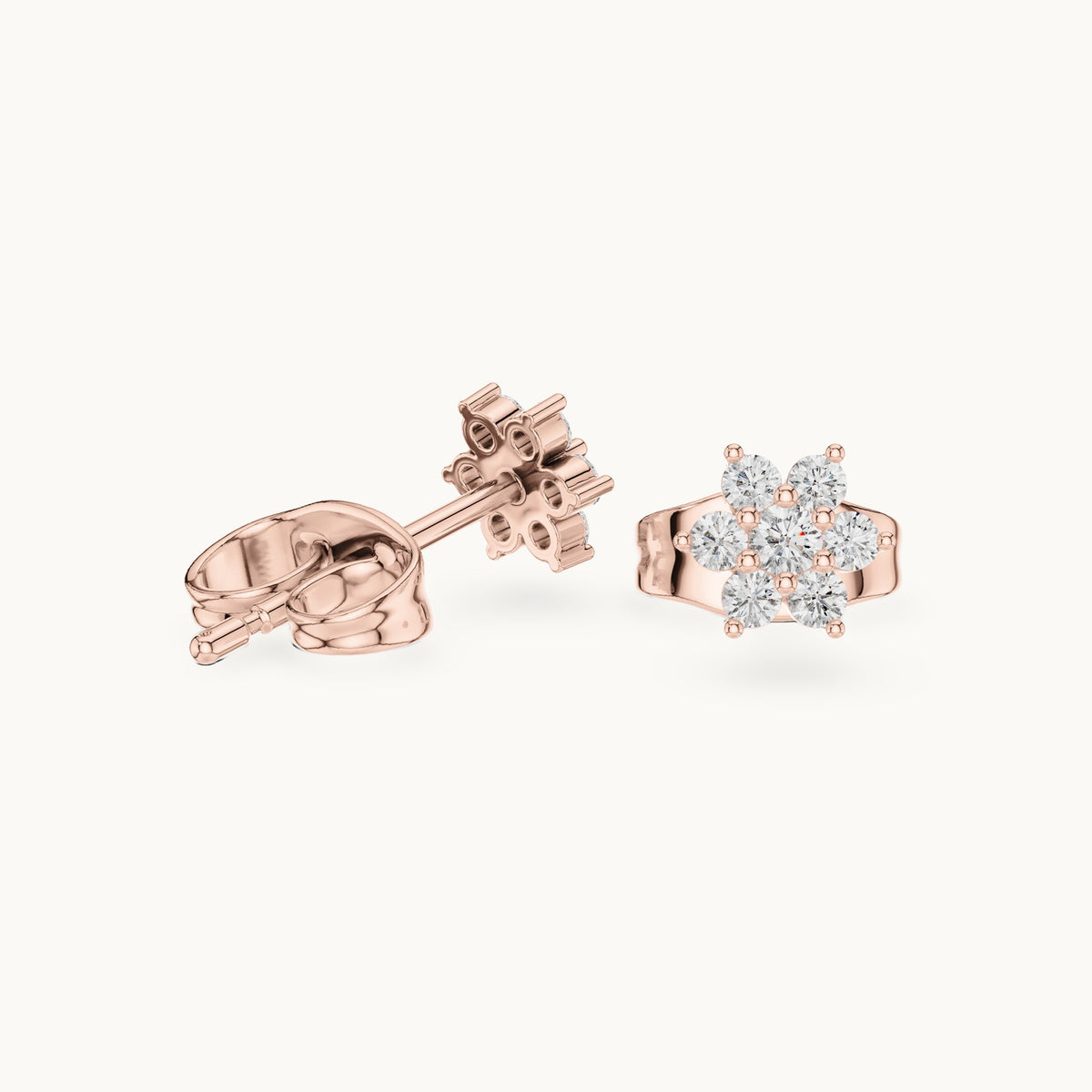 Round lab-grown diamond seven-stone open flower stud earrings in rose gold, 0.15 CT TW, view 1
