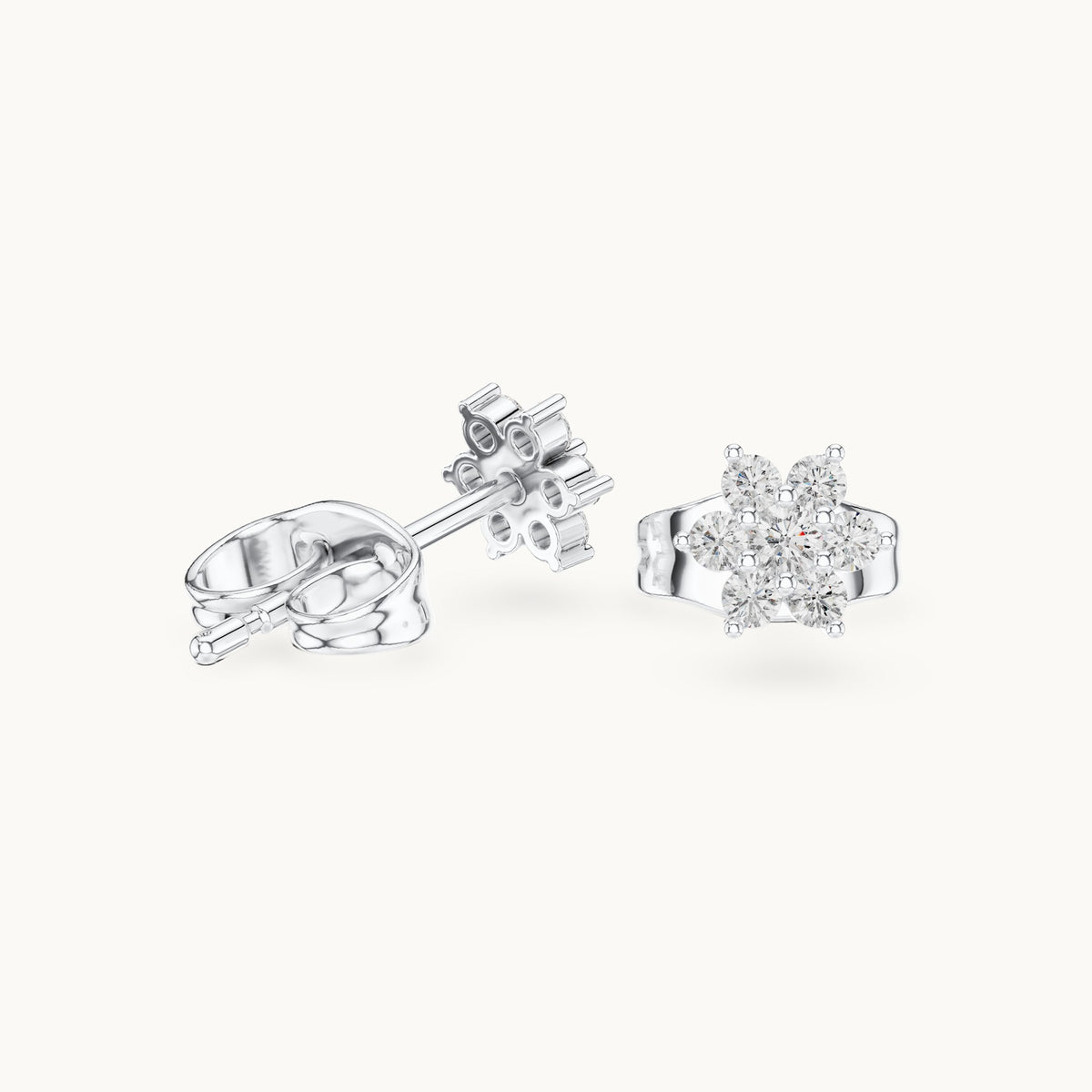 Round lab-grown diamond seven-stone open flower stud earrings in white gold, 0.15 CT TW, view 1