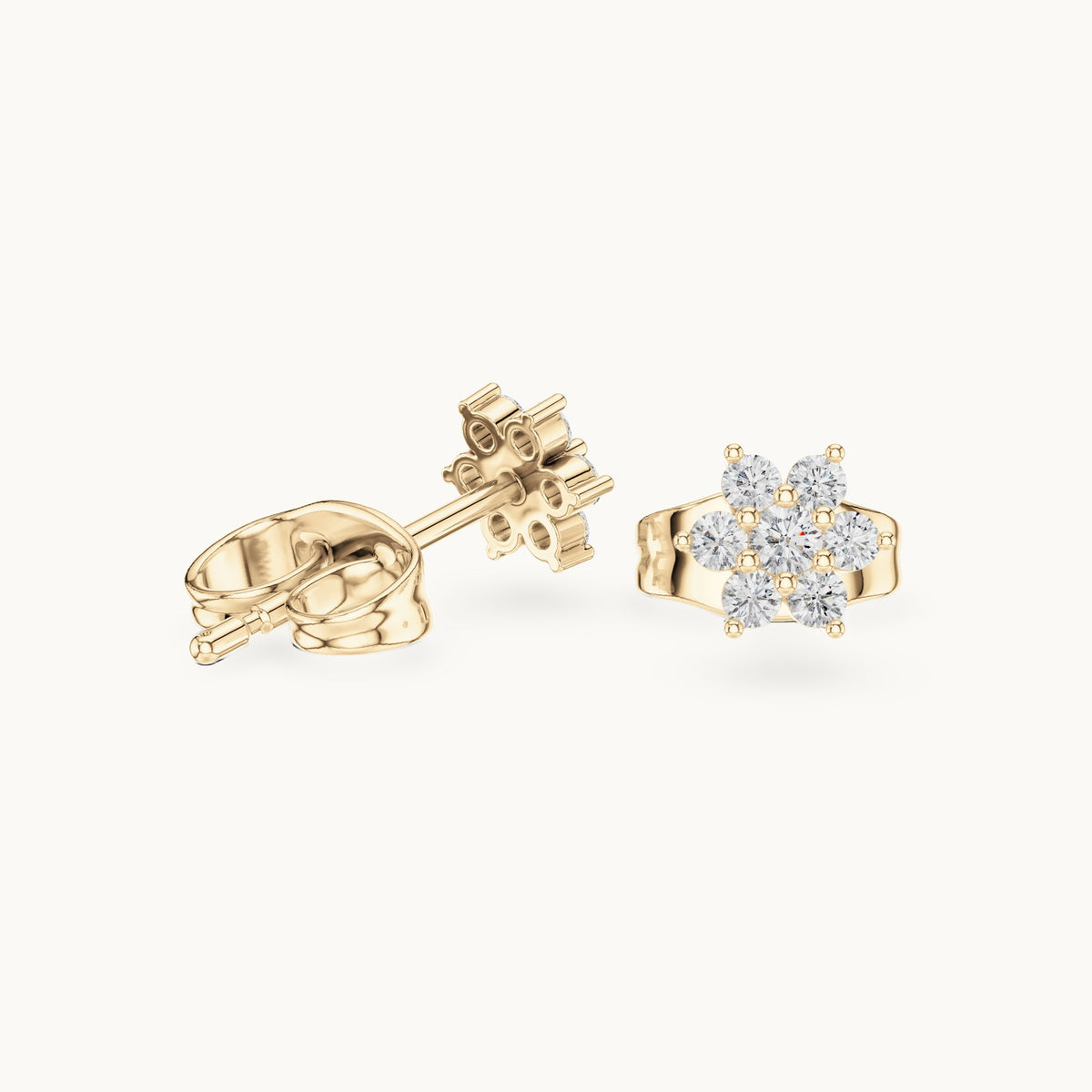 Round lab-grown diamond seven-stone open flower stud earrings in yellow gold, 0.15 CT TW, view 1