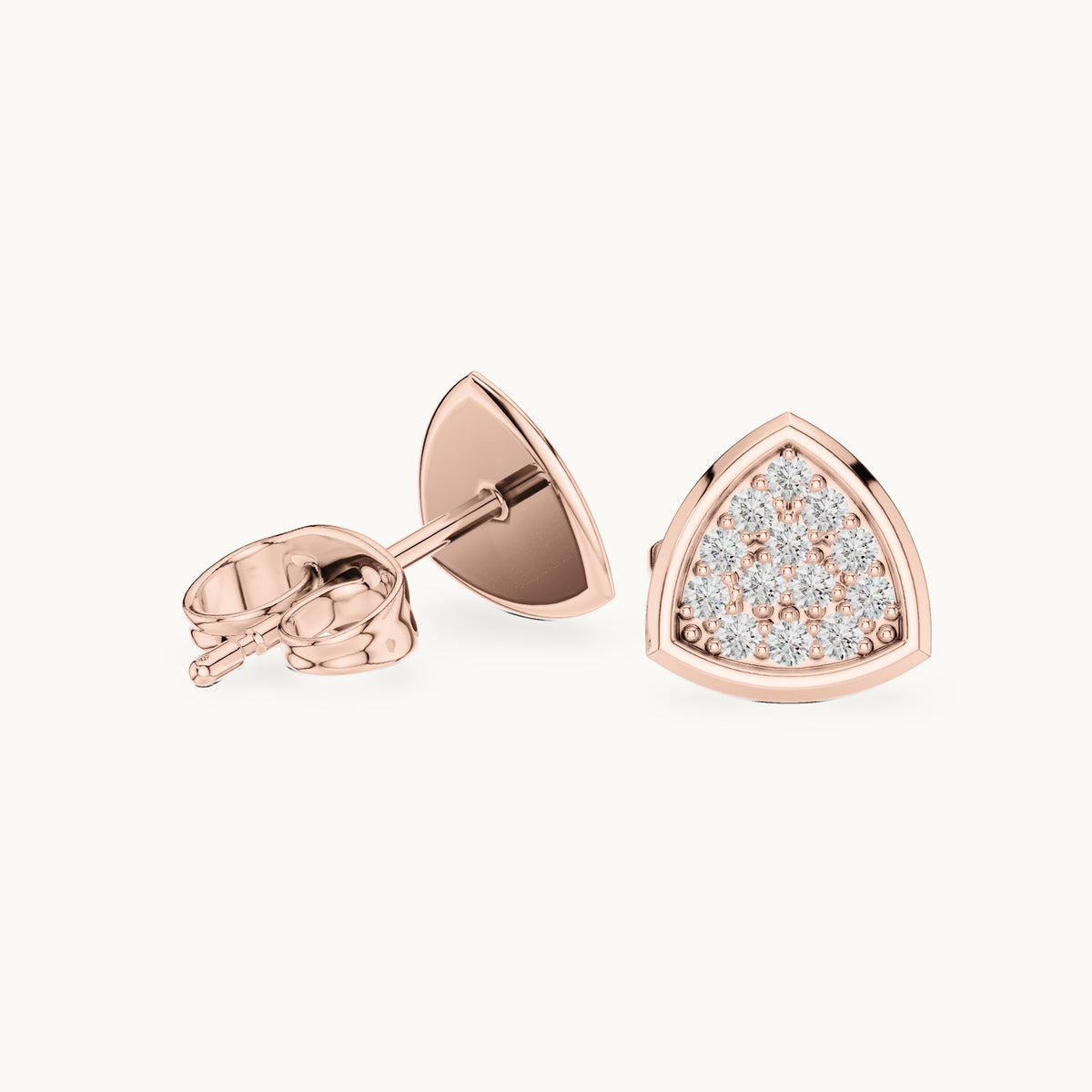 Round lab-grown diamond trillion cluster stud earrings in rose gold, 0.15 CT TW, view 1