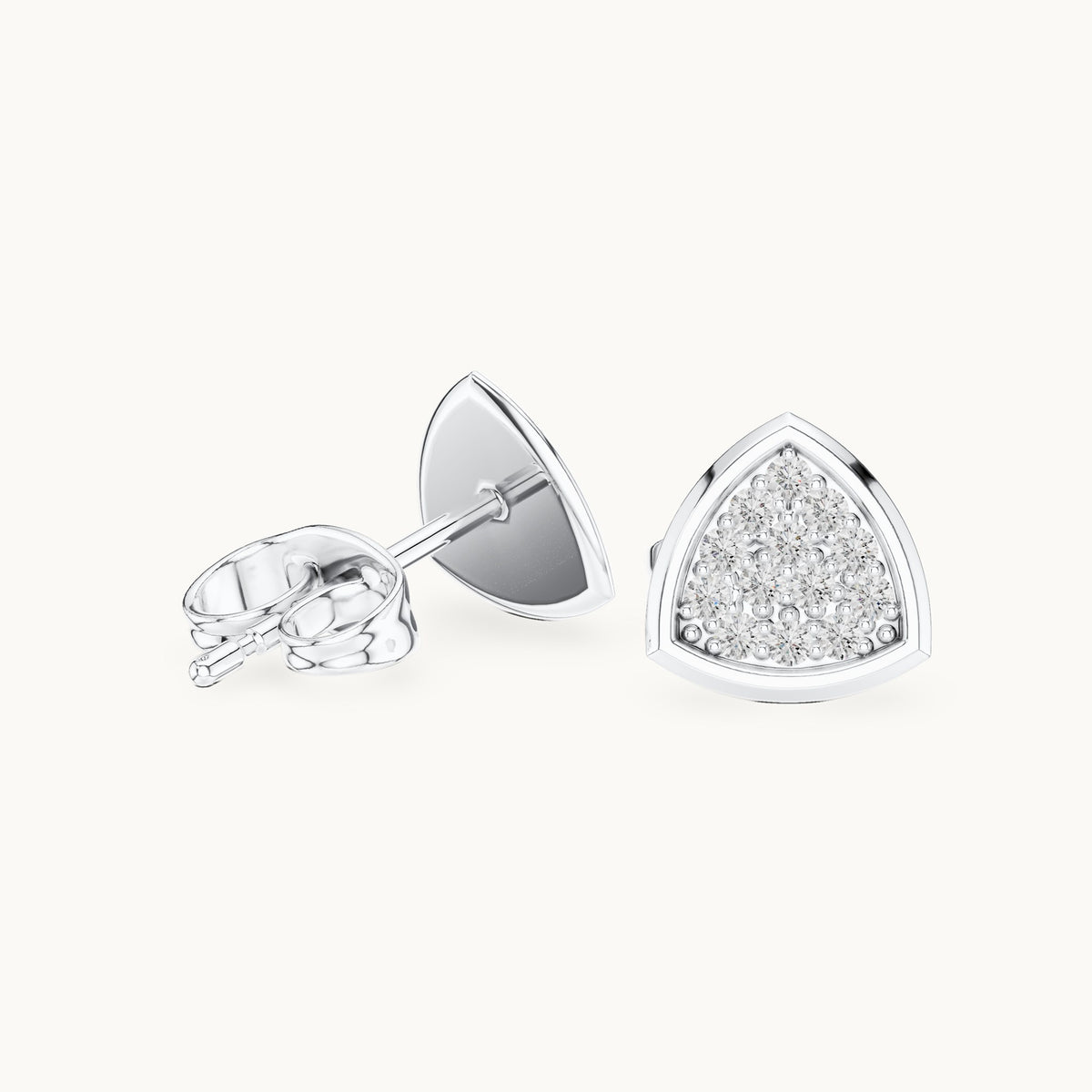 Round lab-grown diamond trillion cluster stud earrings in white gold, 0.15 CT TW, view 1