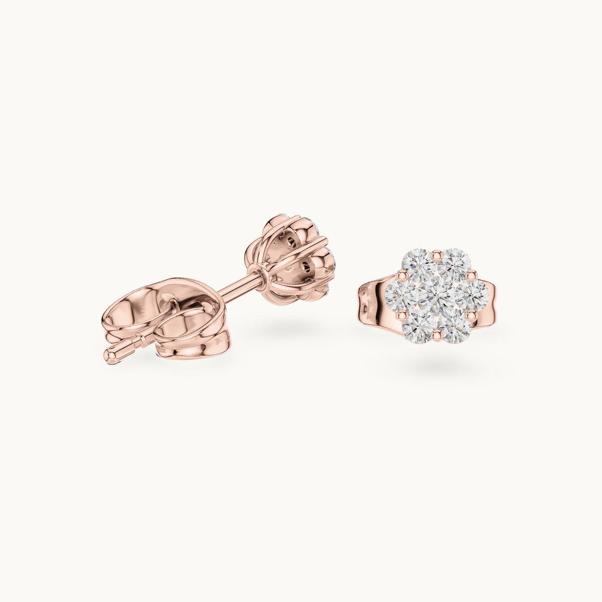 Round lab-grown diamond compact flower cluster stud earrings in rose gold, 0.19 CT TW, view 1