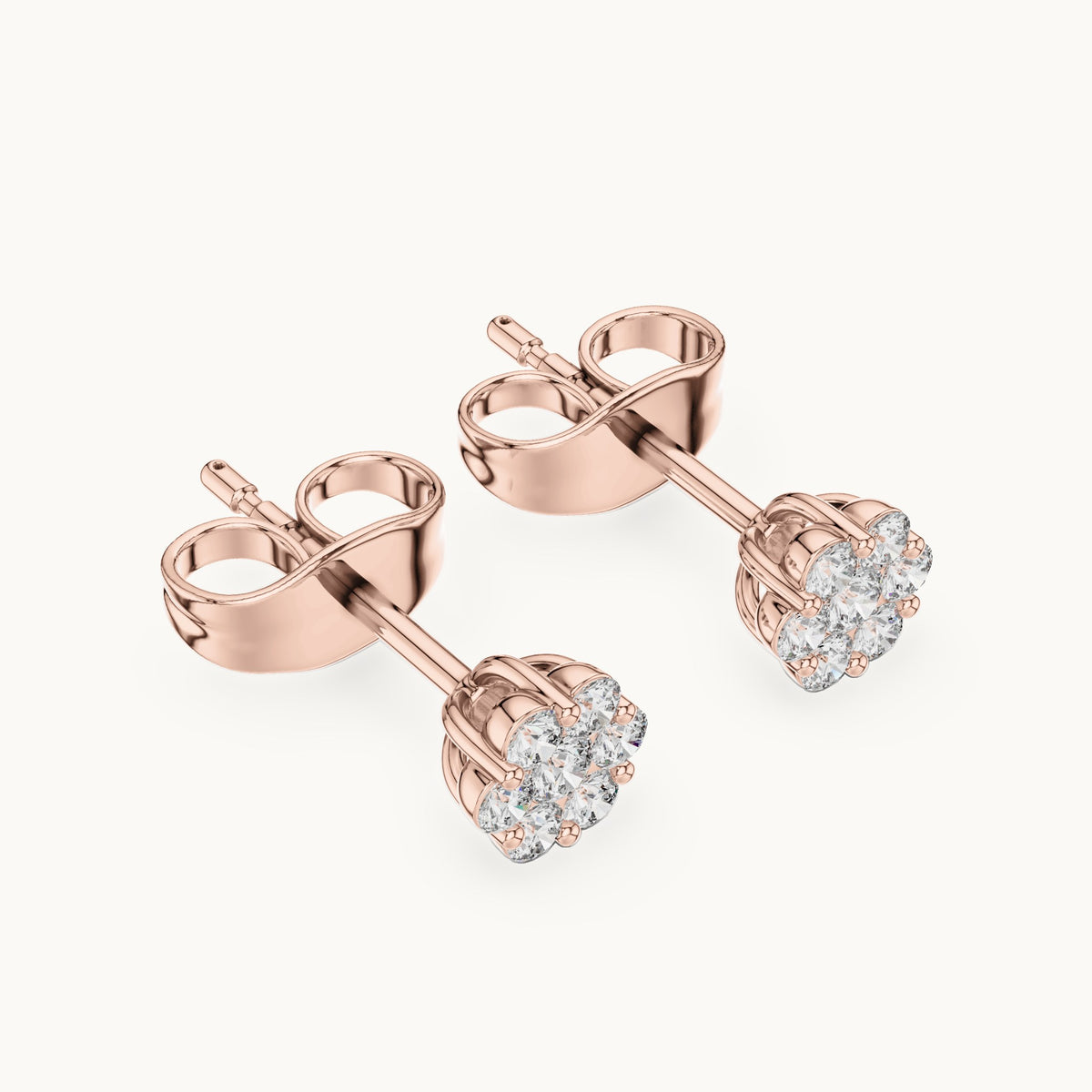 Round lab-grown diamond compact flower cluster stud earrings in rose gold, 0.19 CT TW, view 2