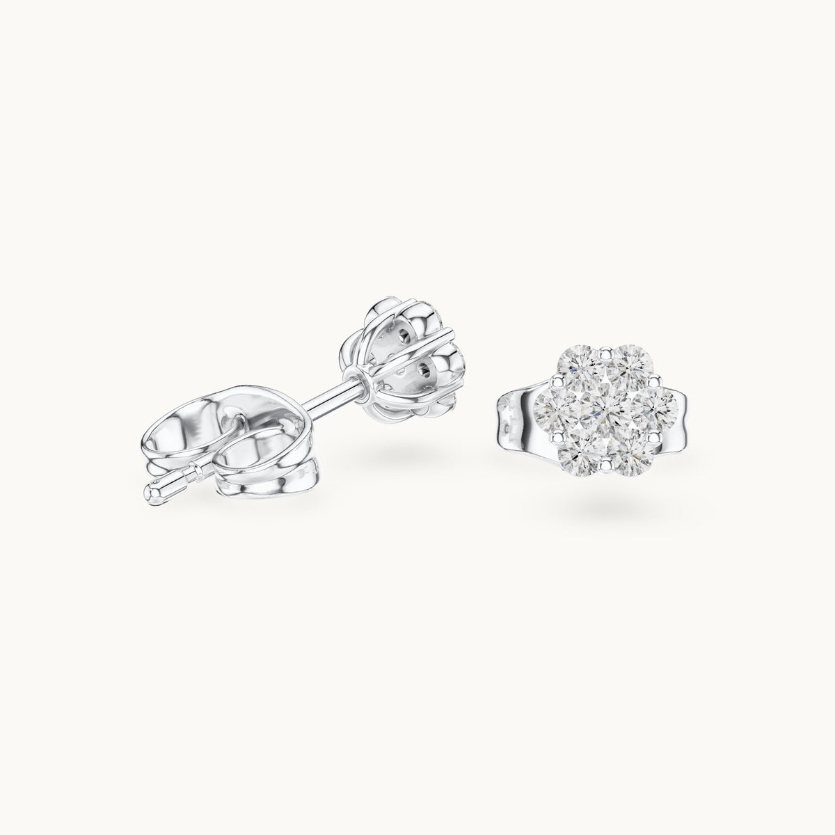 Round lab-grown diamond compact flower cluster stud earrings in white gold, 0.19 CT TW, view 1