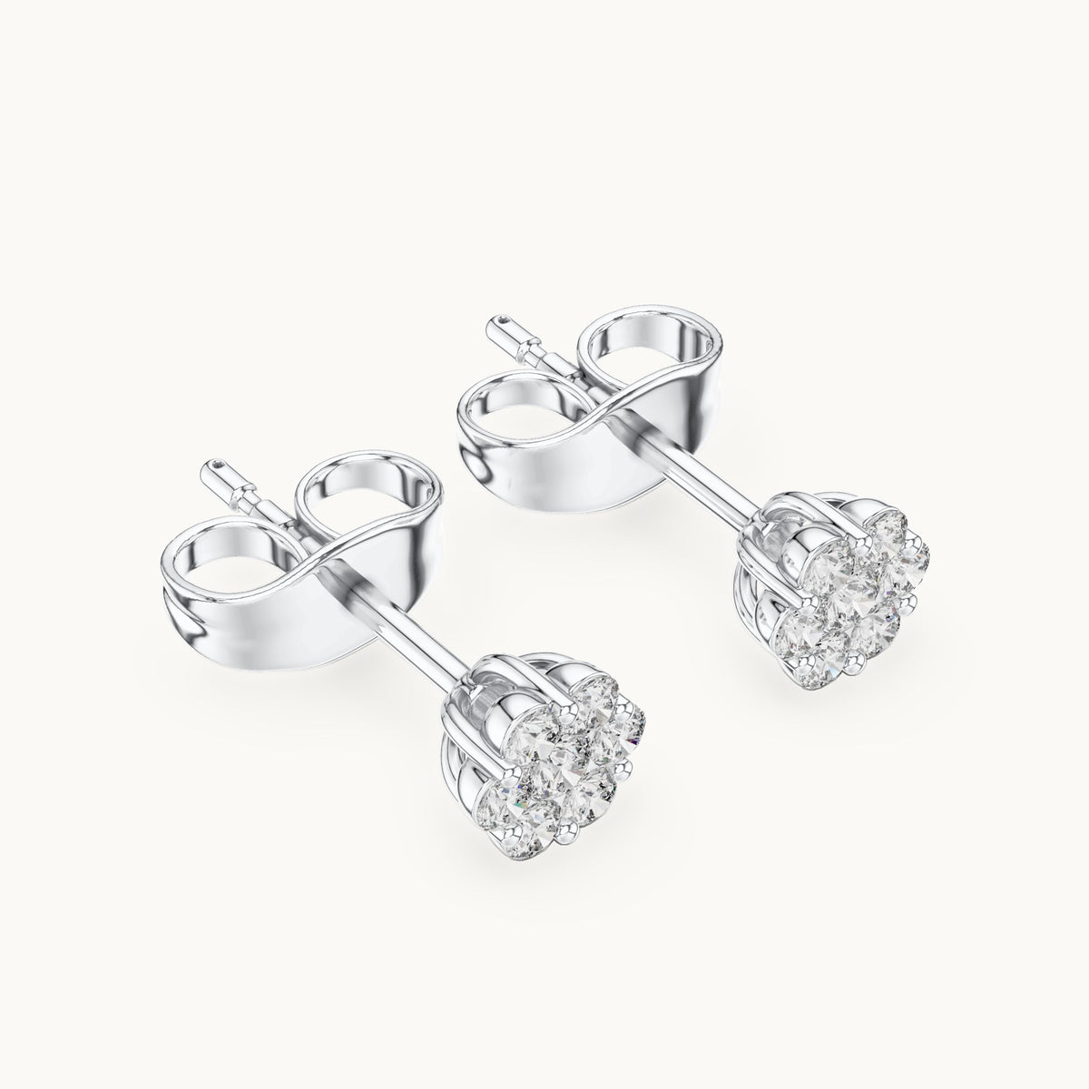 Round lab-grown diamond compact flower cluster stud earrings in white gold, 0.19 CT TW, view 2