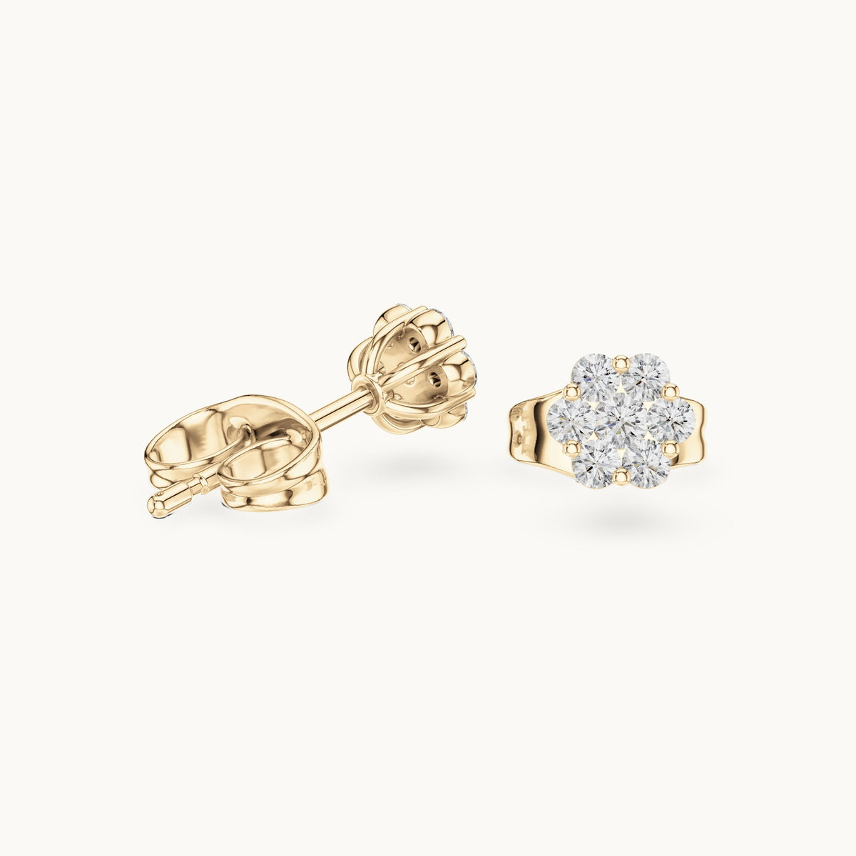 Round lab-grown diamond compact flower cluster stud earrings in yellow gold, 0.19 CT TW, view 1