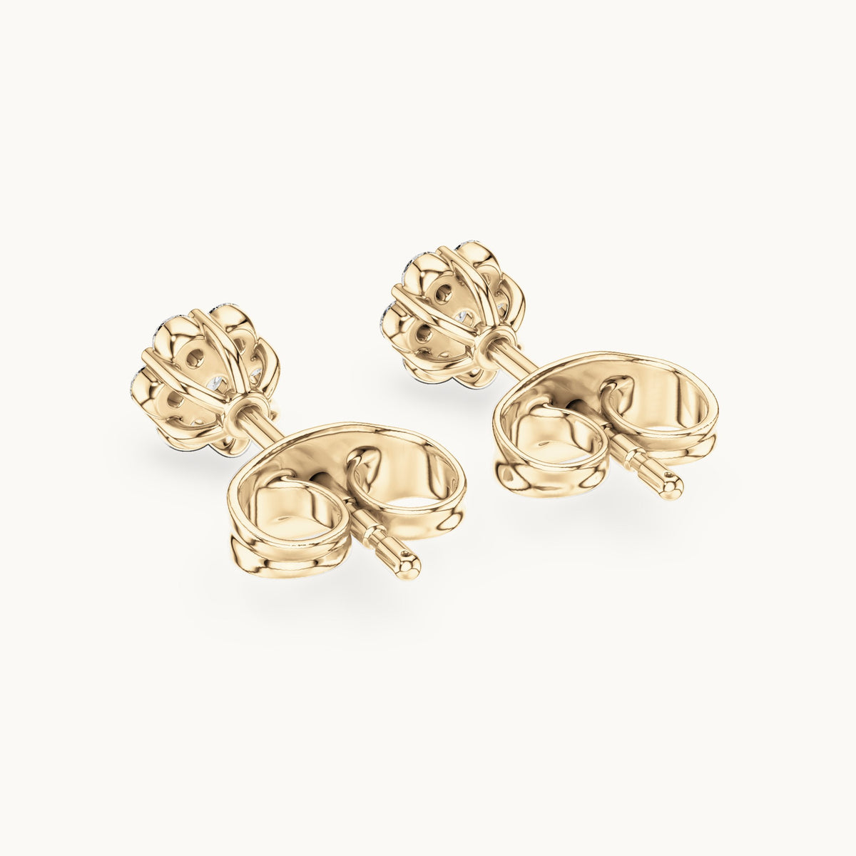 Round lab-grown diamond compact flower cluster stud earrings in yellow gold, 0.19 CT TW, view 3