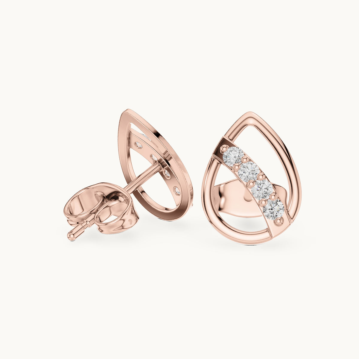 Round lab-grown diamond open pear diagonal bar stud earrings in rose gold, 0.14 CT TW, view 1