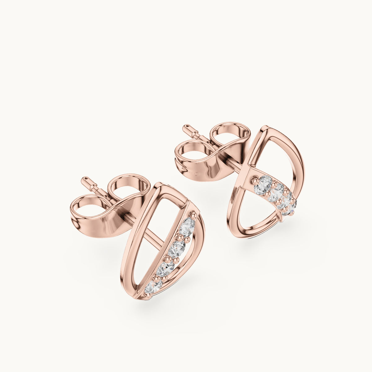 Round lab-grown diamond open pear diagonal bar stud earrings in rose gold, 0.14 CT TW, view 2