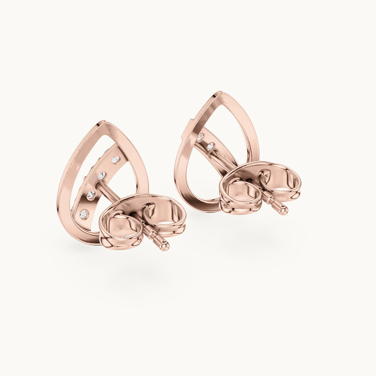 Round lab-grown diamond open pear diagonal bar stud earrings in rose gold, 0.14 CT TW, view 3