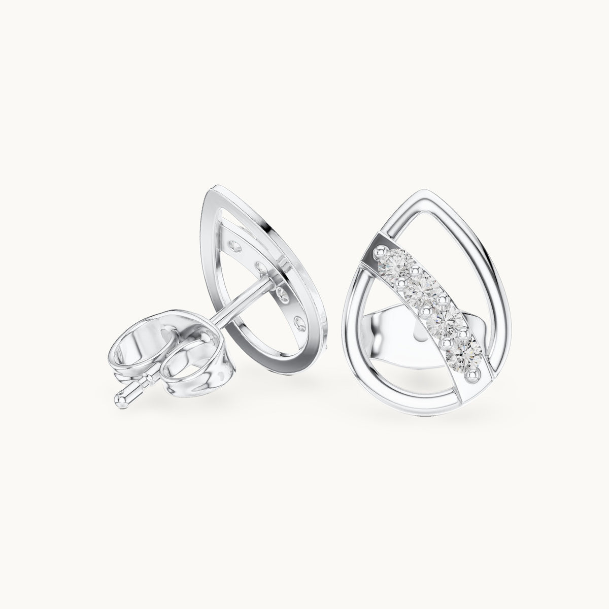 Round lab-grown diamond open pear diagonal bar stud earrings in white gold, 0.14 CT TW, view 1
