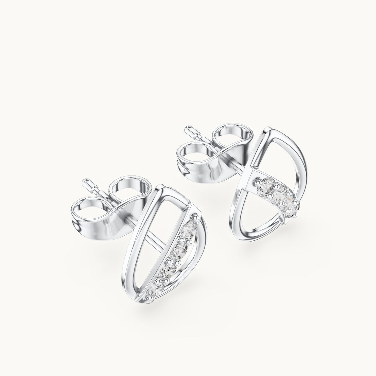 Round lab-grown diamond open pear diagonal bar stud earrings in white gold, 0.14 CT TW, view 2