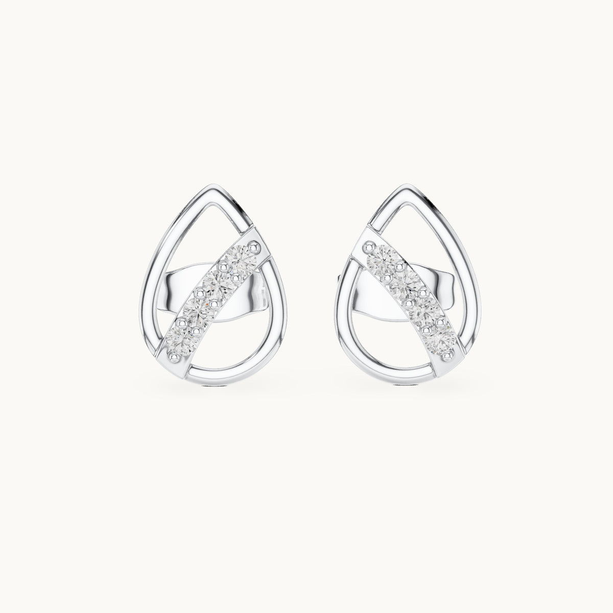 Round lab-grown diamond open pear diagonal bar stud earrings in white gold, 0.14 CT TW, view 4