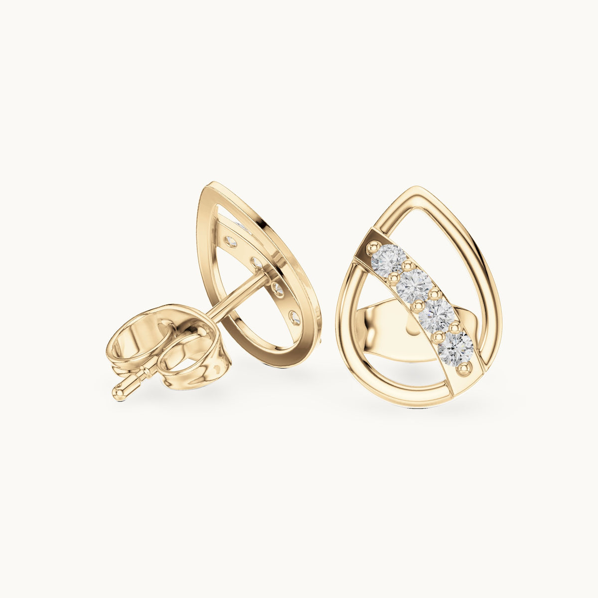 Round lab-grown diamond open pear diagonal bar stud earrings in yellow gold, 0.14 CT TW, view 1