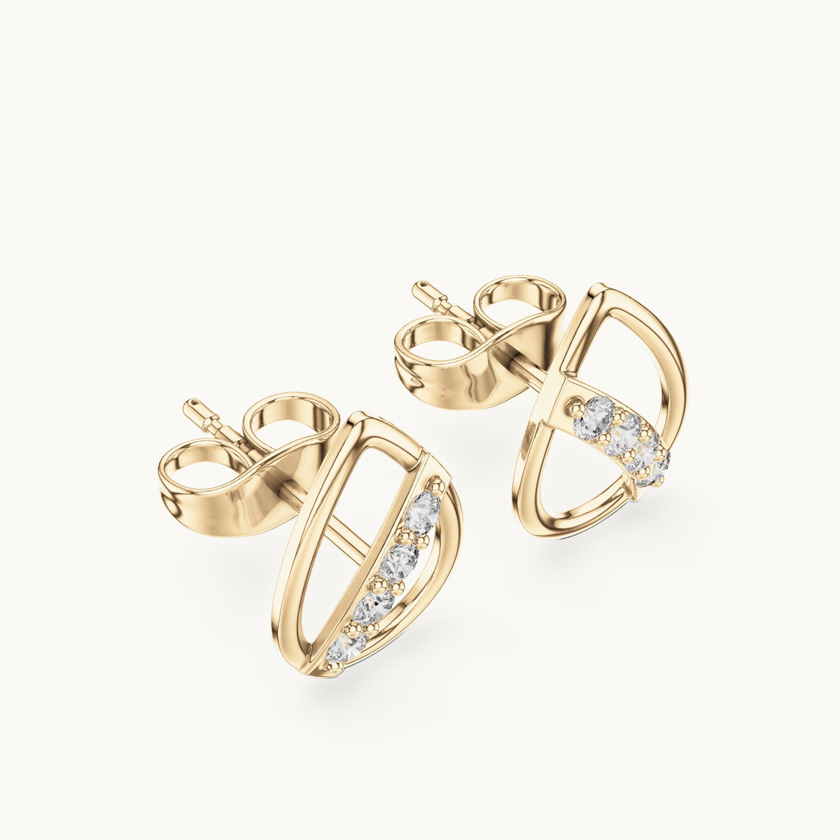 Round lab-grown diamond open pear diagonal bar stud earrings in yellow gold, 0.14 CT TW, view 2