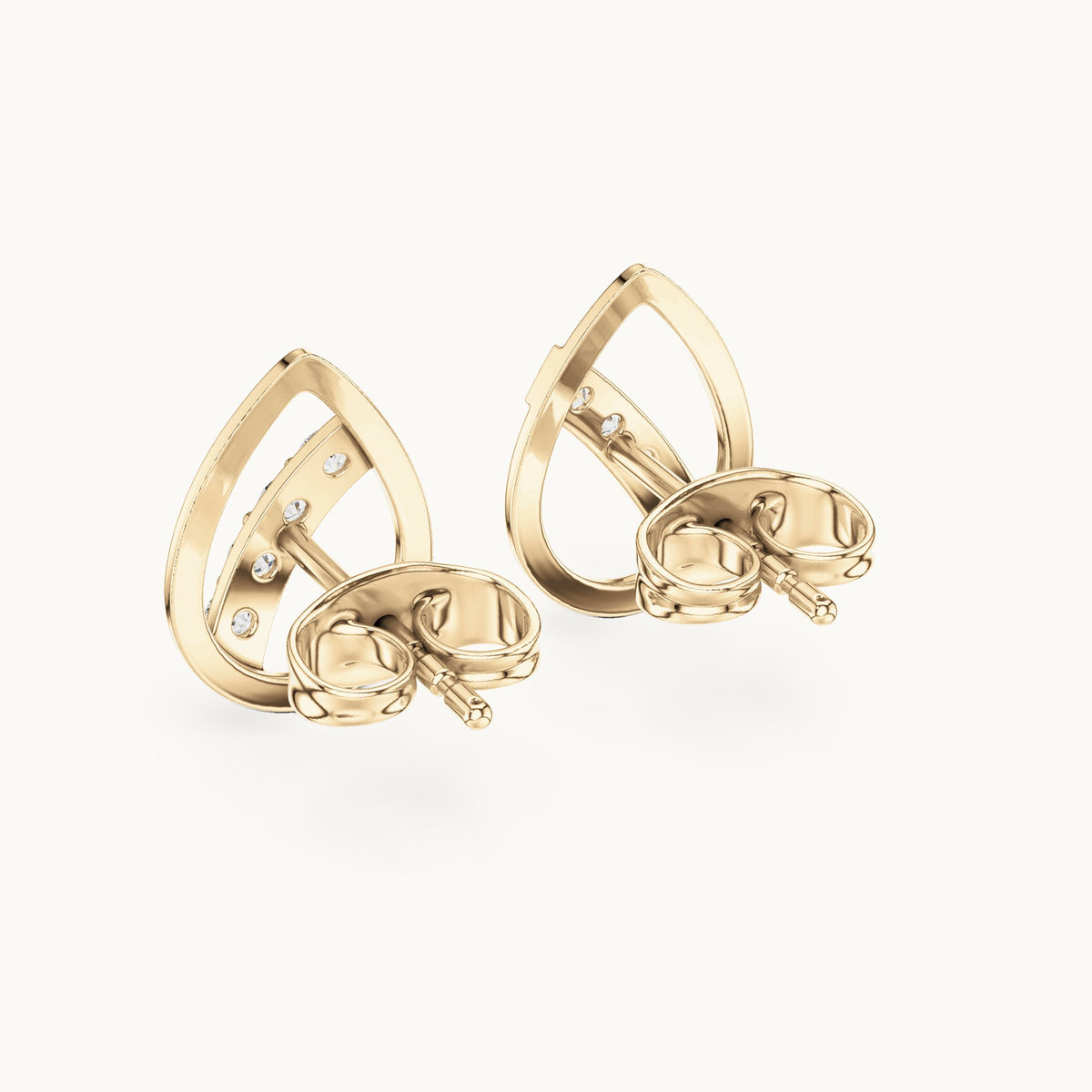 Round lab-grown diamond open pear diagonal bar stud earrings in yellow gold, 0.14 CT TW, view 3