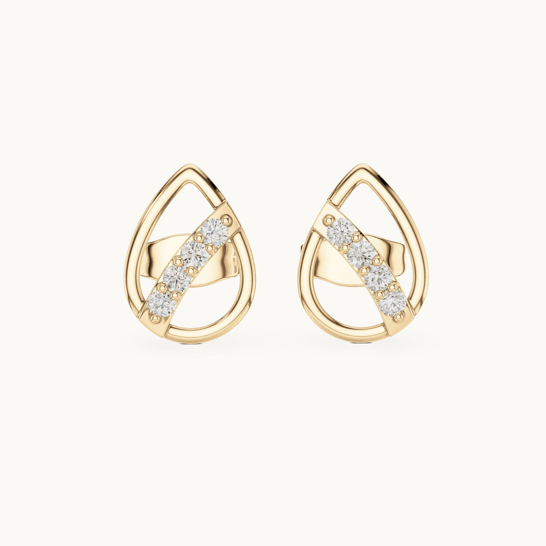 Round lab-grown diamond open pear diagonal bar stud earrings in yellow gold, 0.14 CT TW, view 4