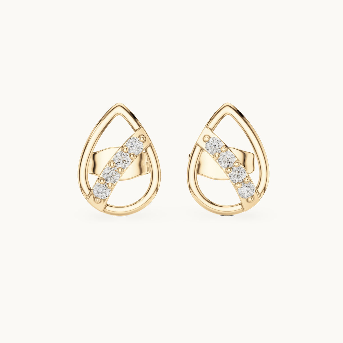 Round lab-grown diamond open pear diagonal bar stud earrings in yellow gold, 0.14 CT TW, view 4