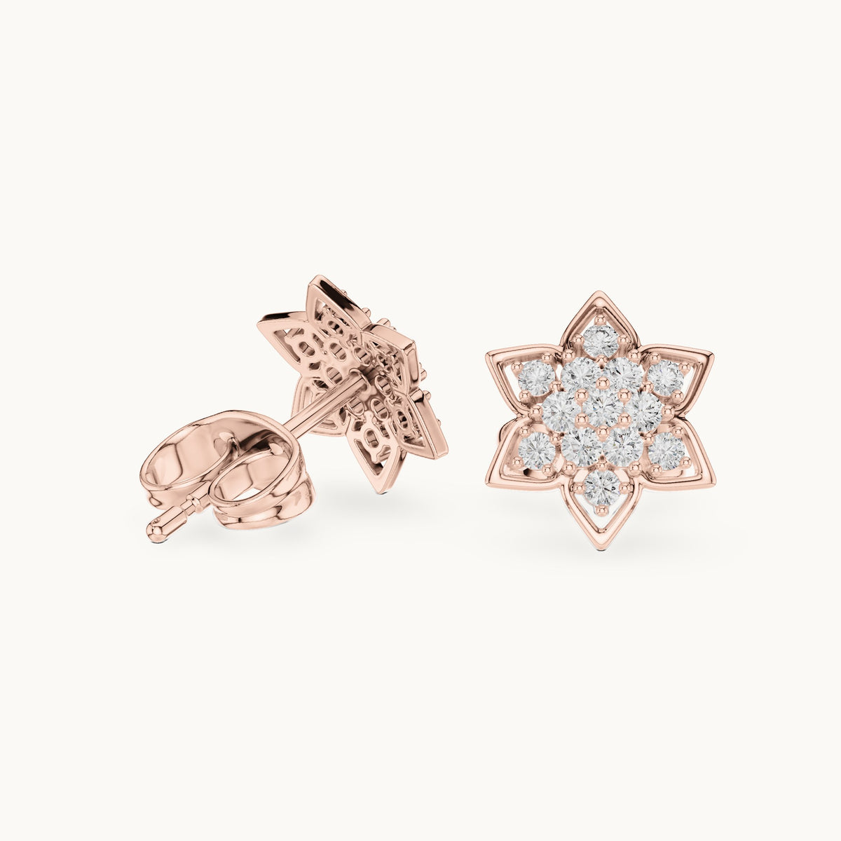 Round lab-grown diamond six-point star cluster stud earrings in rose gold, 0.23 CT TW, view 1
