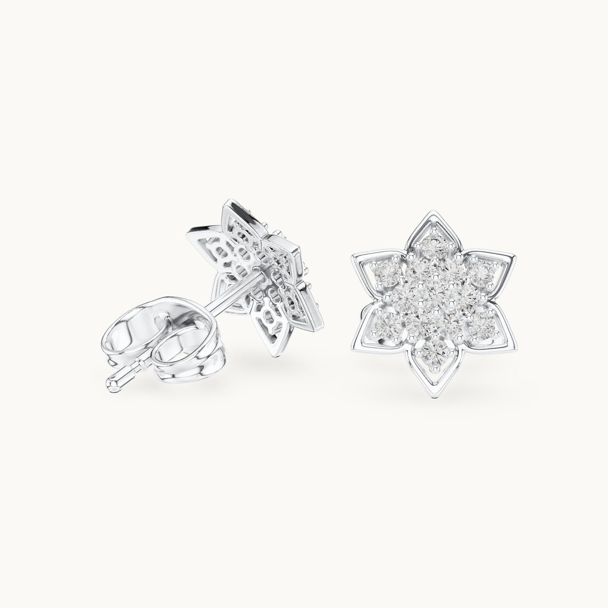Round lab-grown diamond six-point star cluster stud earrings in white gold, 0.23 CT TW, view 1