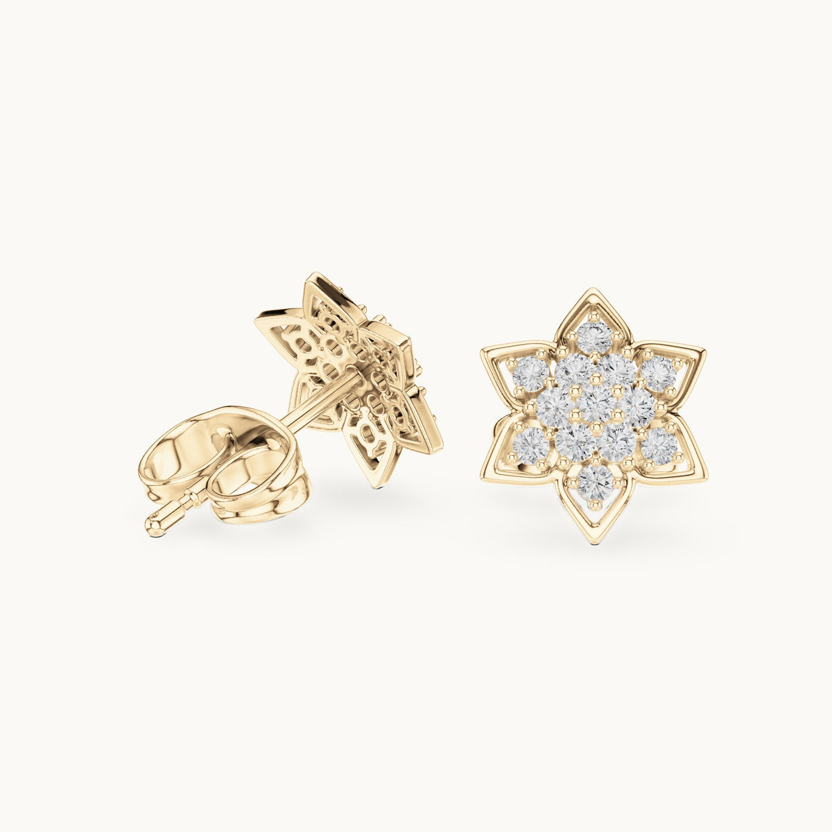 Round lab-grown diamond six-point star cluster stud earrings in yellow gold, 0.23 CT TW, view 1
