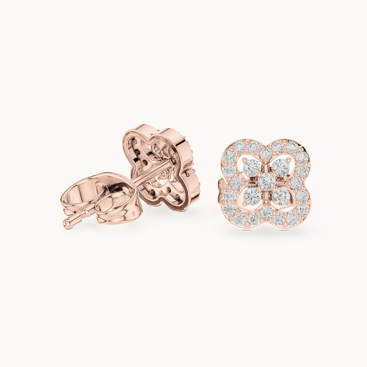 Round lab-grown diamond quatrefoil halo stud earrings in rose gold, 0.24 CT TW, view 1