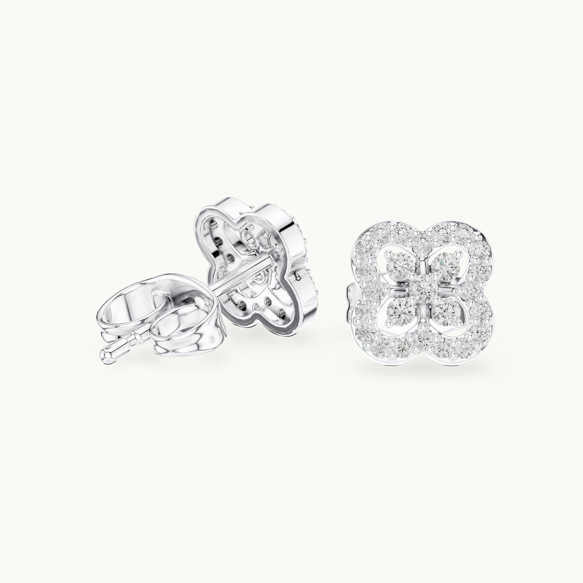 Round lab-grown diamond quatrefoil halo stud earrings in white gold, 0.24 CT TW, view 1