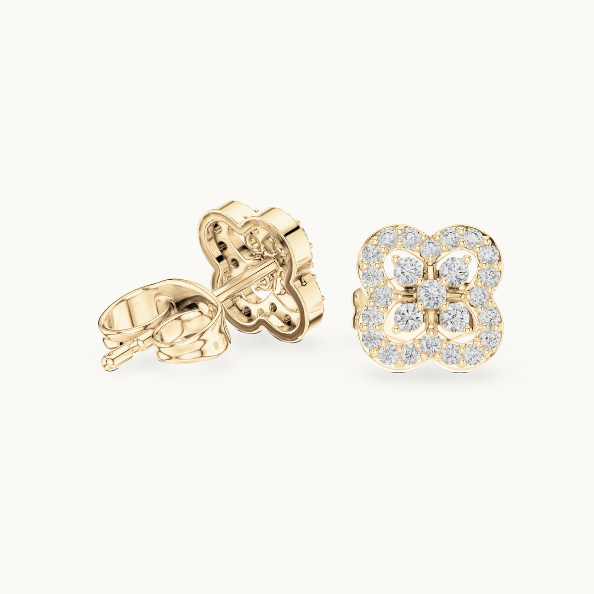 Round lab-grown diamond quatrefoil halo stud earrings in yellow gold, 0.24 CT TW, view 1