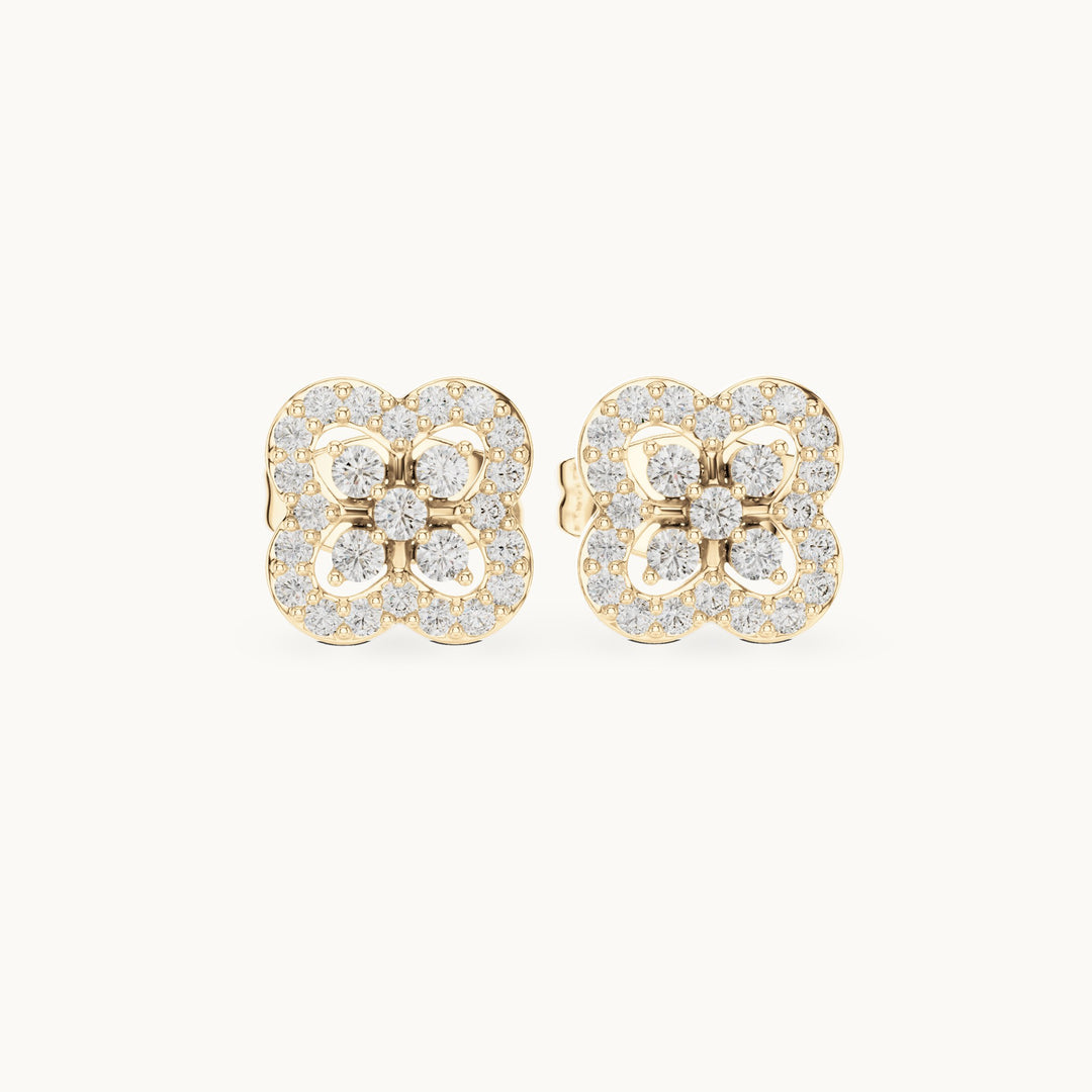 Round lab-grown diamond quatrefoil halo stud earrings in yellow gold, 0.24 CT TW, view 4