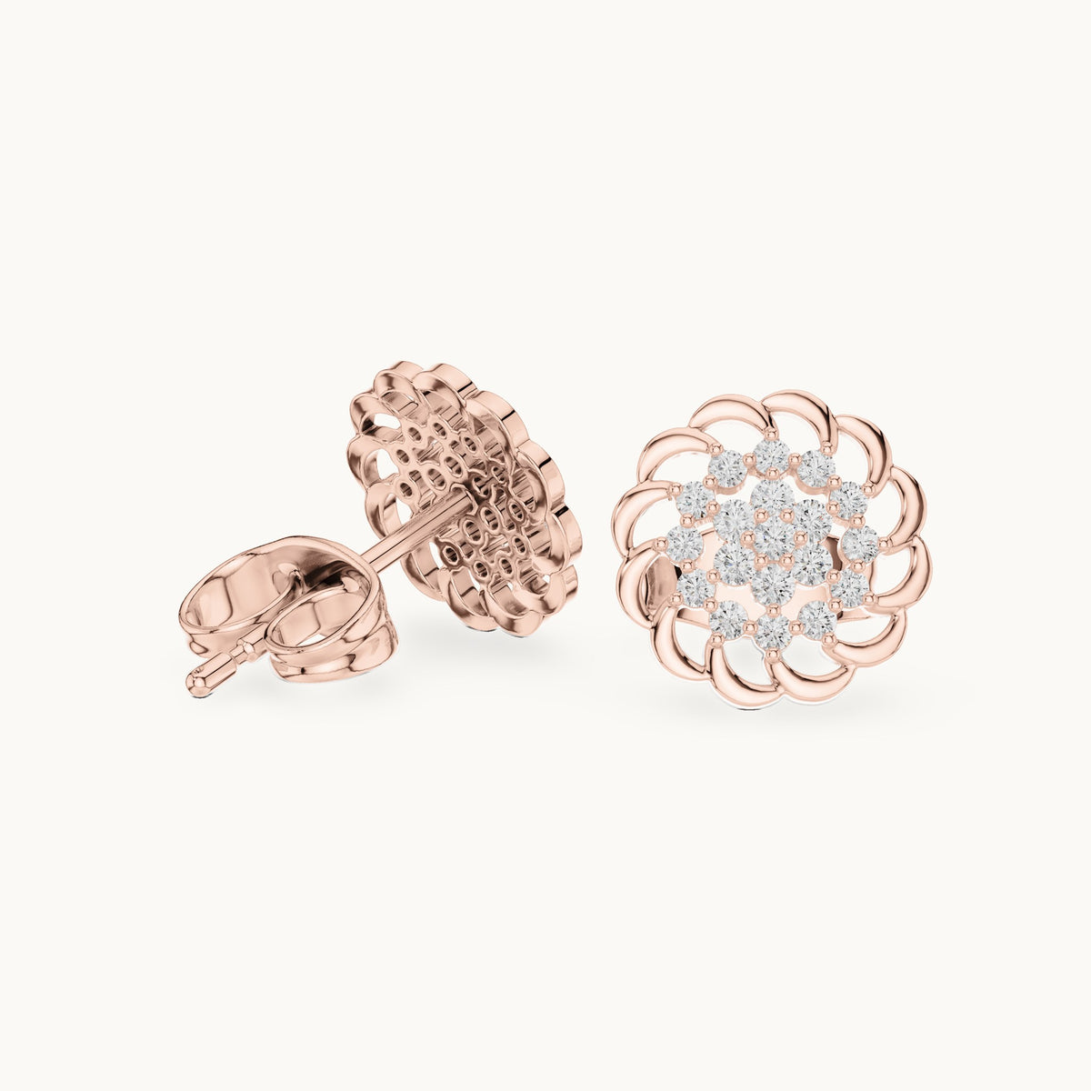 Round lab-grown diamond openwork flower cluster stud earrings in rose gold, 0.18 CT TW, view 1