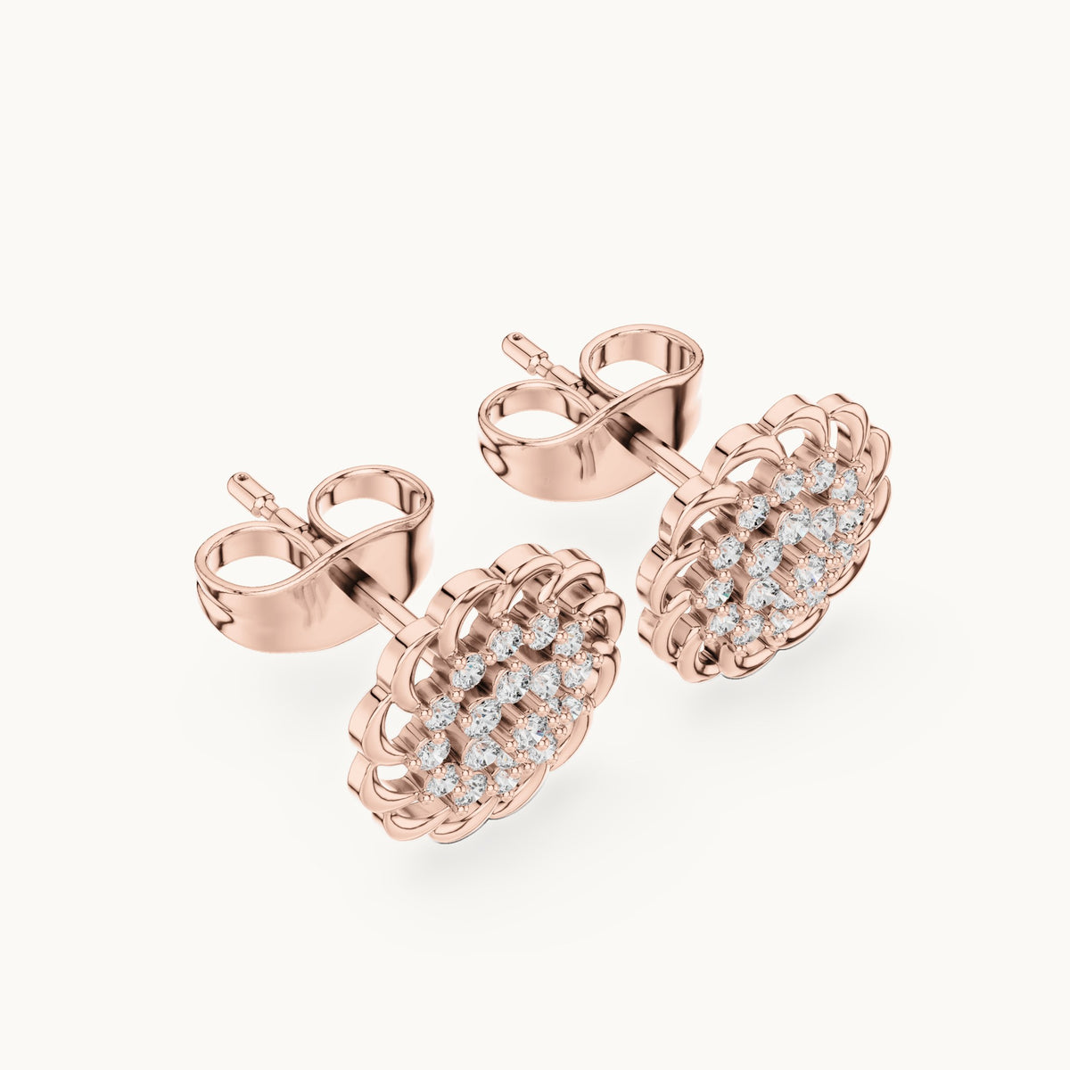 Round lab-grown diamond openwork flower cluster stud earrings in rose gold, 0.18 CT TW, view 2
