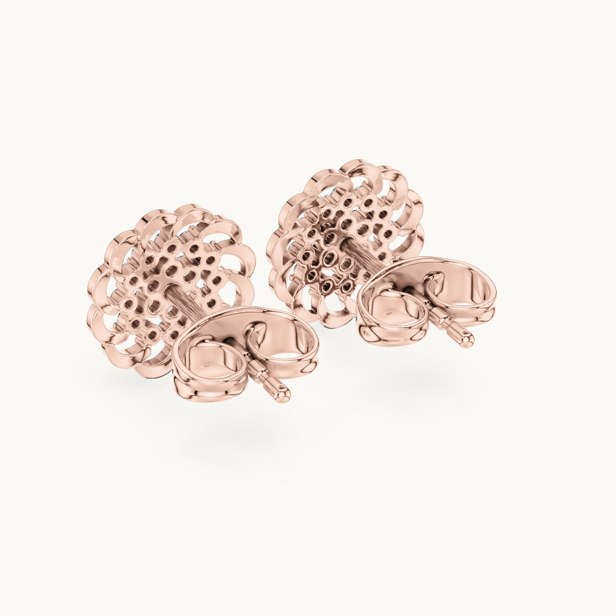 Round lab-grown diamond openwork flower cluster stud earrings in rose gold, 0.18 CT TW, view 3