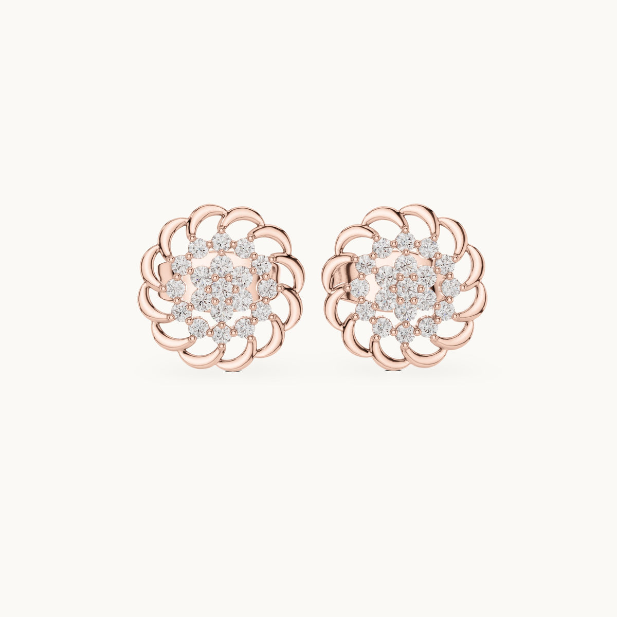 Round lab-grown diamond openwork flower cluster stud earrings in rose gold, 0.18 CT TW, view 4