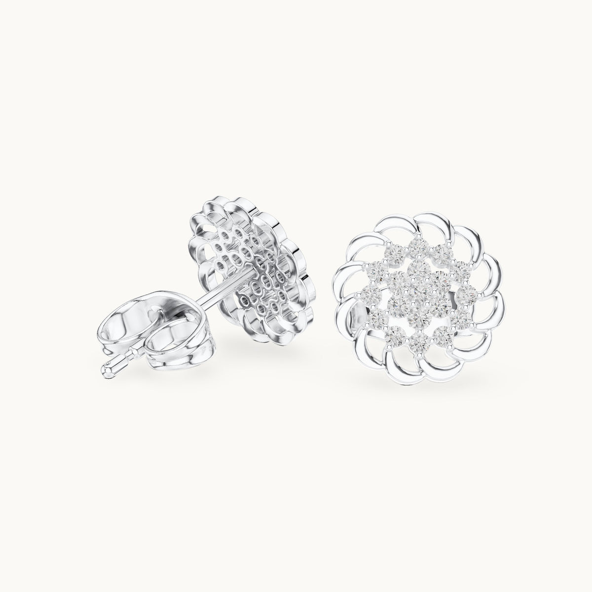 Round lab-grown diamond openwork flower cluster stud earrings in white gold, 0.18 CT TW, view 1