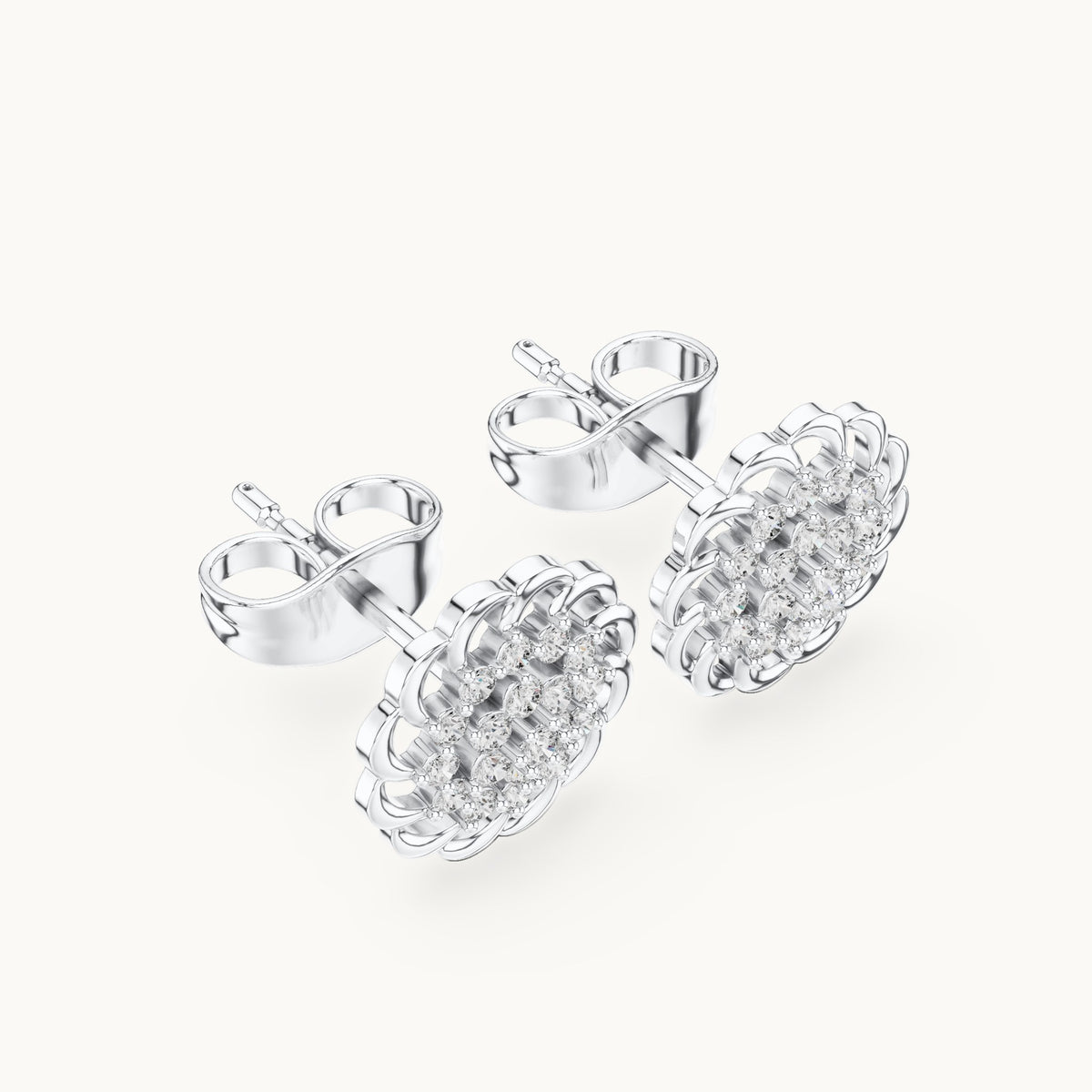 Round lab-grown diamond openwork flower cluster stud earrings in white gold, 0.18 CT TW, view 2